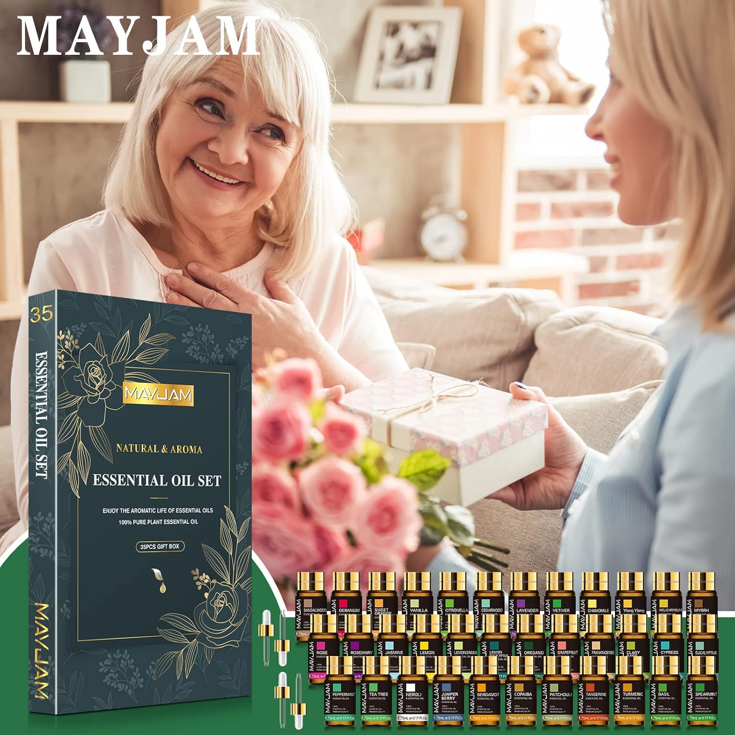 MAYJAM Set mit ätherischen Ölen 35 x 5 ml, ätherische Öle für Diffusor, Aromatherapie-Duftöl-Geschenkset, natürliches reines ätherisches Öl Lavendel, Eukalyptus, Vanille, Rose, Teebaum – Bild 7