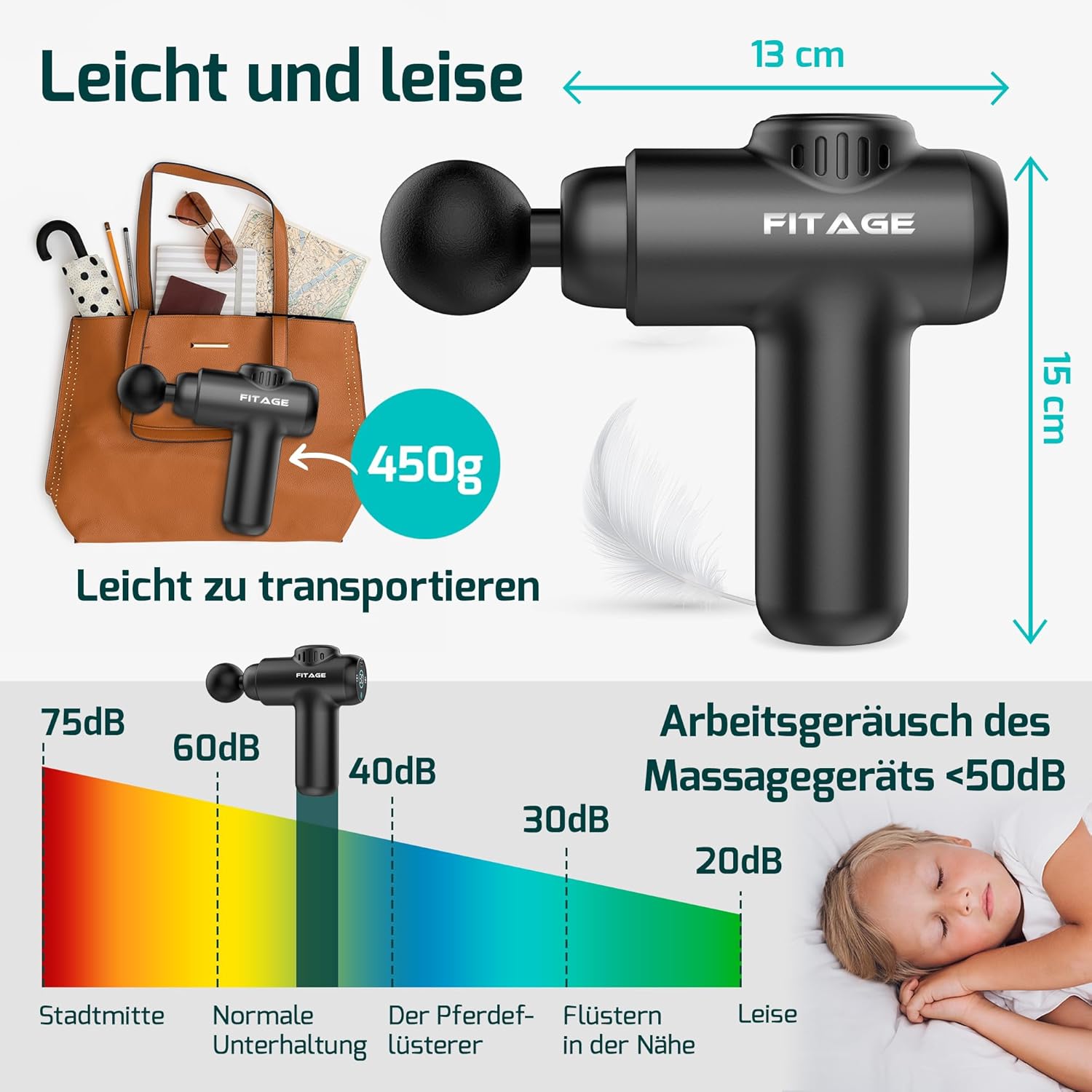 FITAGE Massagepistole, leises Massagegerät mit 30 einstellbaren Geschwindigkeitsstufen, Massagepistole, 8 Aufsätze für Tiefengewebe, Schulter, Rücken und Ganzkörperentspannung, Massagepistole – Mini – Bild 7