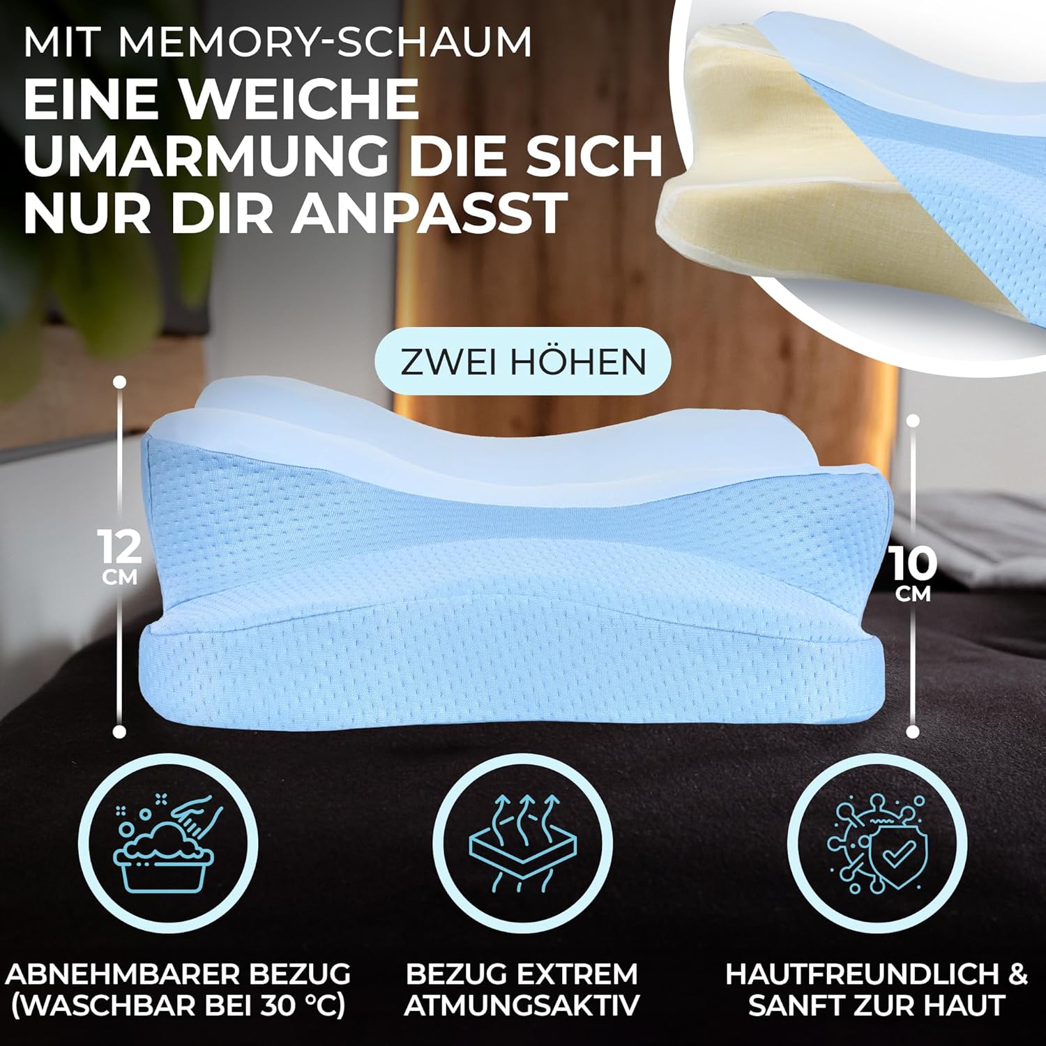 Orthopädisches Kissen – Nackenstützkissen, ergonomisches Memory-Schaum-Kissen für alle Schlaftypen, inklusive hochwertigem Bezug, kühlende Wirkung, blau – Bild 4