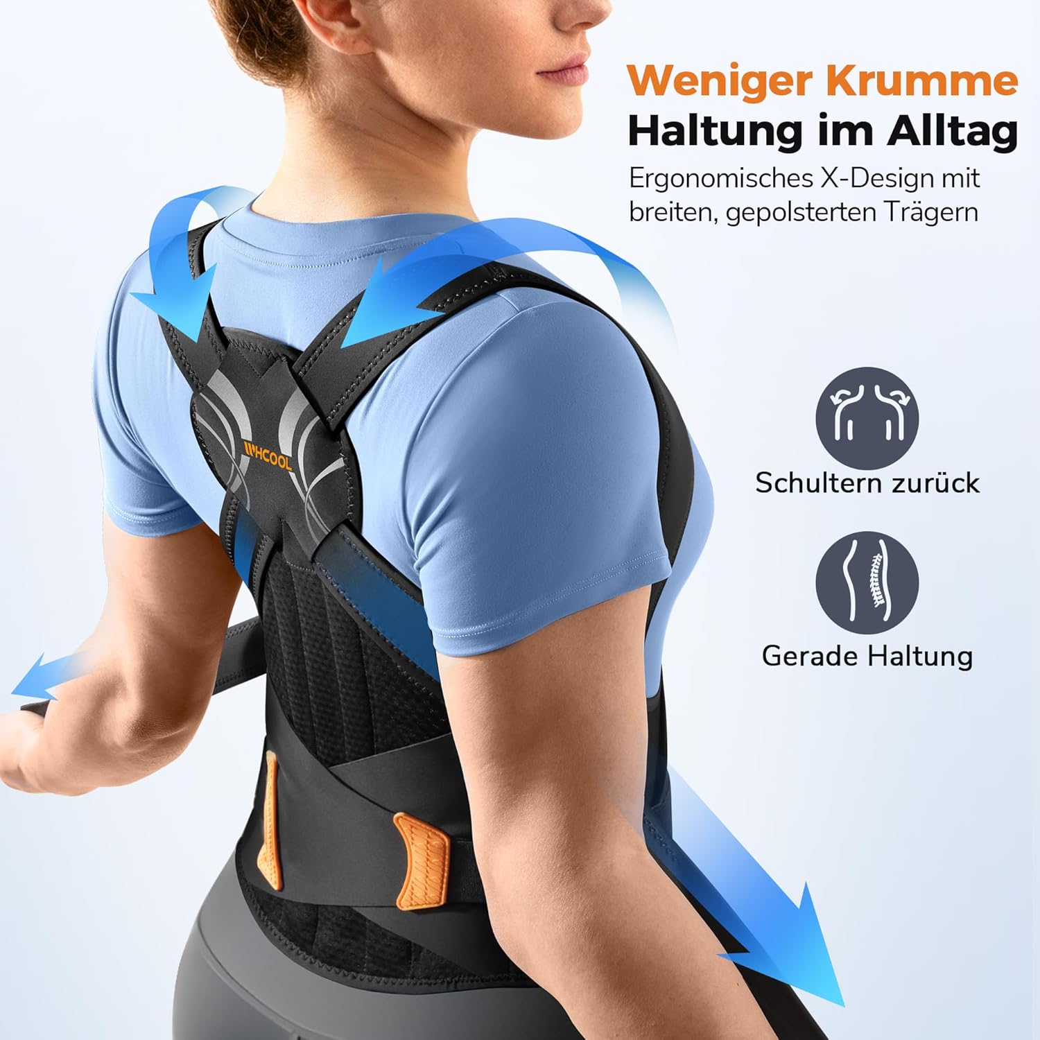 Leichter Fit-Rückenglätter, Rückenstützgürtel, Haltungskorrektur für Männer und Frauen mit Kreuzzuggurten und 6 Stützstangen, 15 % längerer Haltungstrainer, Rückengurt, breite gepolsterte Schulter – Bild 2