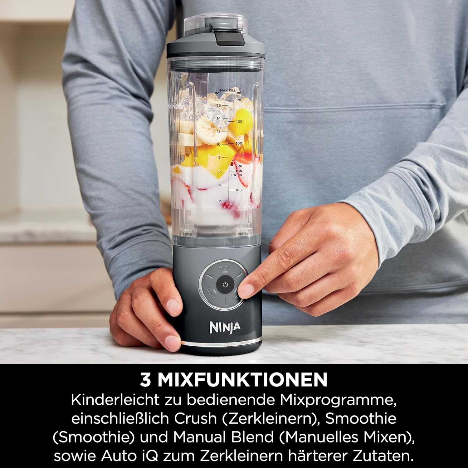 Ninja Blast Max BC251EUGY Tragbarer Mixer/Mixer/Smoothie-Maker, 570 ml, wiederaufladbar, Mixbecher und auslaufsicherer Deckel, 3 Funktionen, Smoothies, Protein-Shakes, Cool Grey – Bild 5