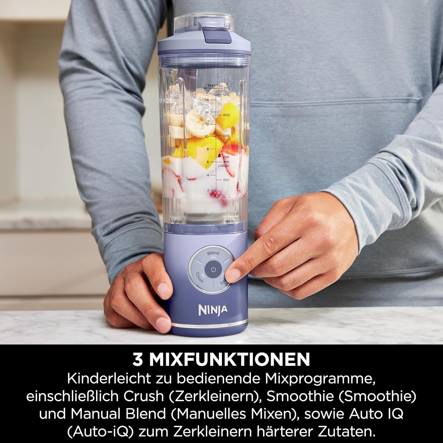 Ninja Blast Max BC251EULS Tragbarer Mixer/Smoothie-Maker, 2 x 570 ml, wiederaufladbar, Mixbecher & auslaufsicherer Deckel, 3 Funktionen, Smoothies, Protein-Shakes, Lavendel/Silber – Bild 4