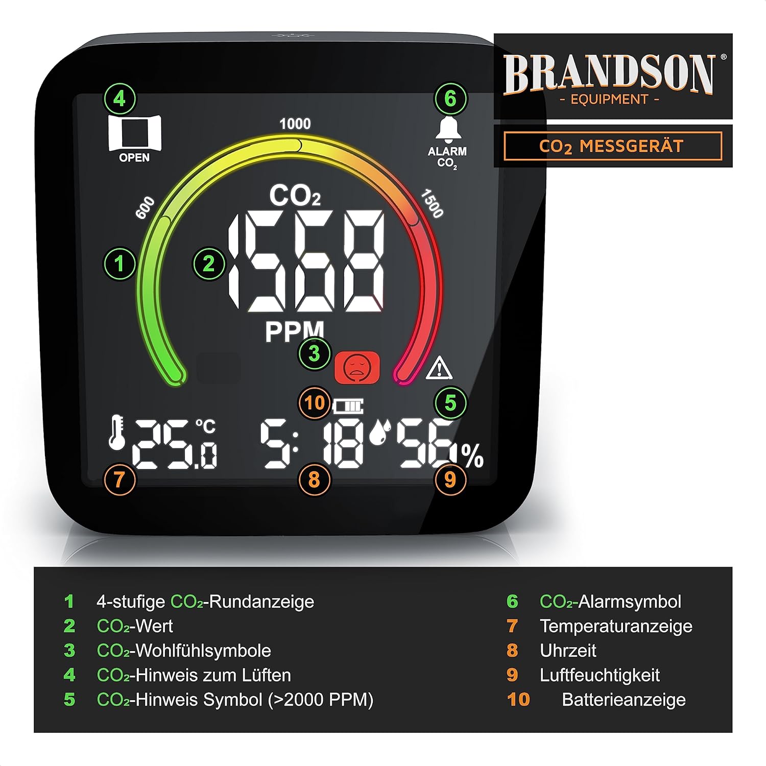 Brandson – CO2-Detektor-Messgerät, Luftqualitätstester, Kohlendioxid-Sensor-Messung PPM, CO2-Anzeige, empfohlener Alarm für Raumluftlüftung, Wecker, Temperaturthermometer, Luftfeuchtigkeits-Hygrometer – Bild 3