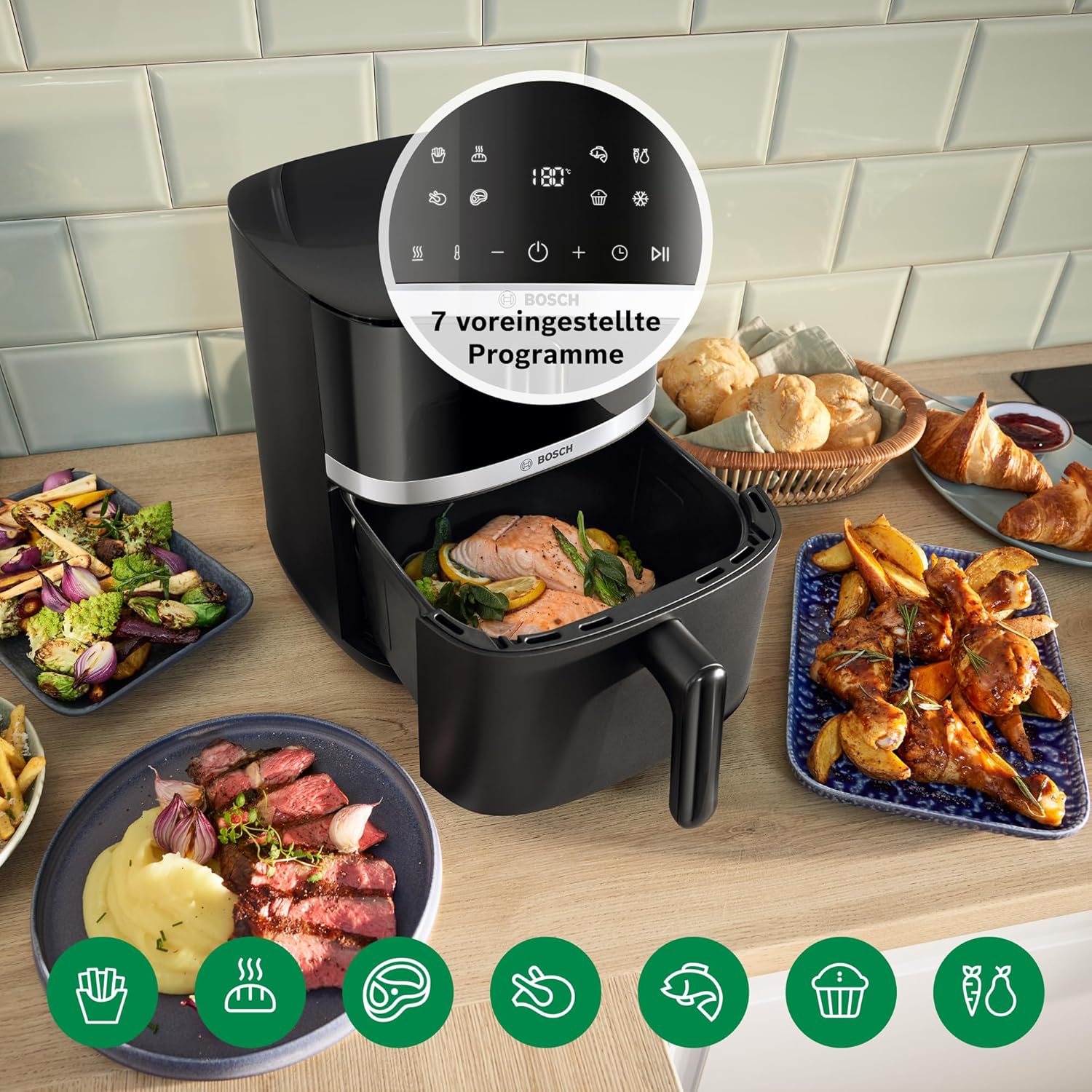 Bosch Heißluftfritteuse Serie 4, XL-Luftfritteuse, Schwarz, 6,1 l Fassungsvermögen, 7 Voreinstellungen, Auftau- und Warmhaltefunktion, Touchscreen, bis zu 60 % schnelleres Garen, MAF462B0 – Bild 8