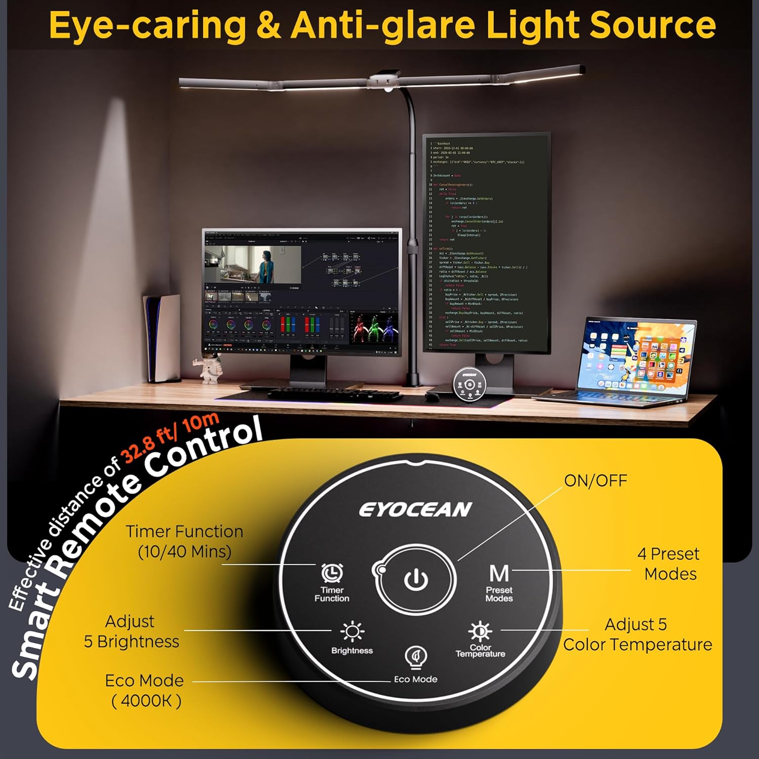 EYOCEAN Schreibtischlampe, 4 Lichtquellen, Teleskopstange mit verstellbarer Höhe, 24 W 100 cm Tageslichtlampe Schreibtisch mit Fernbedienung, dimmbare Monitorlampe, Schwanenhals-Büro-Tischlampe – Bild 3