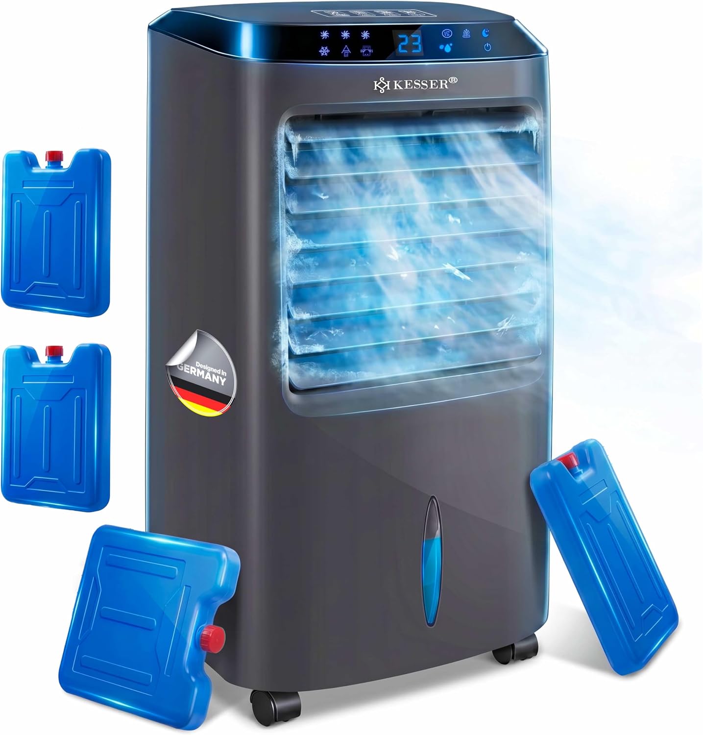 KESSER® Mobile Klimaanlage 4in1 Luftkühler – Air Cooler mit Fernbedienung & Timer, 10L Wassertank, Ionisator & Luftbefeuchter, Ventilator Klimagerät ohne Abluftschlauch, 3 Stufen inkl. Kühlakkus