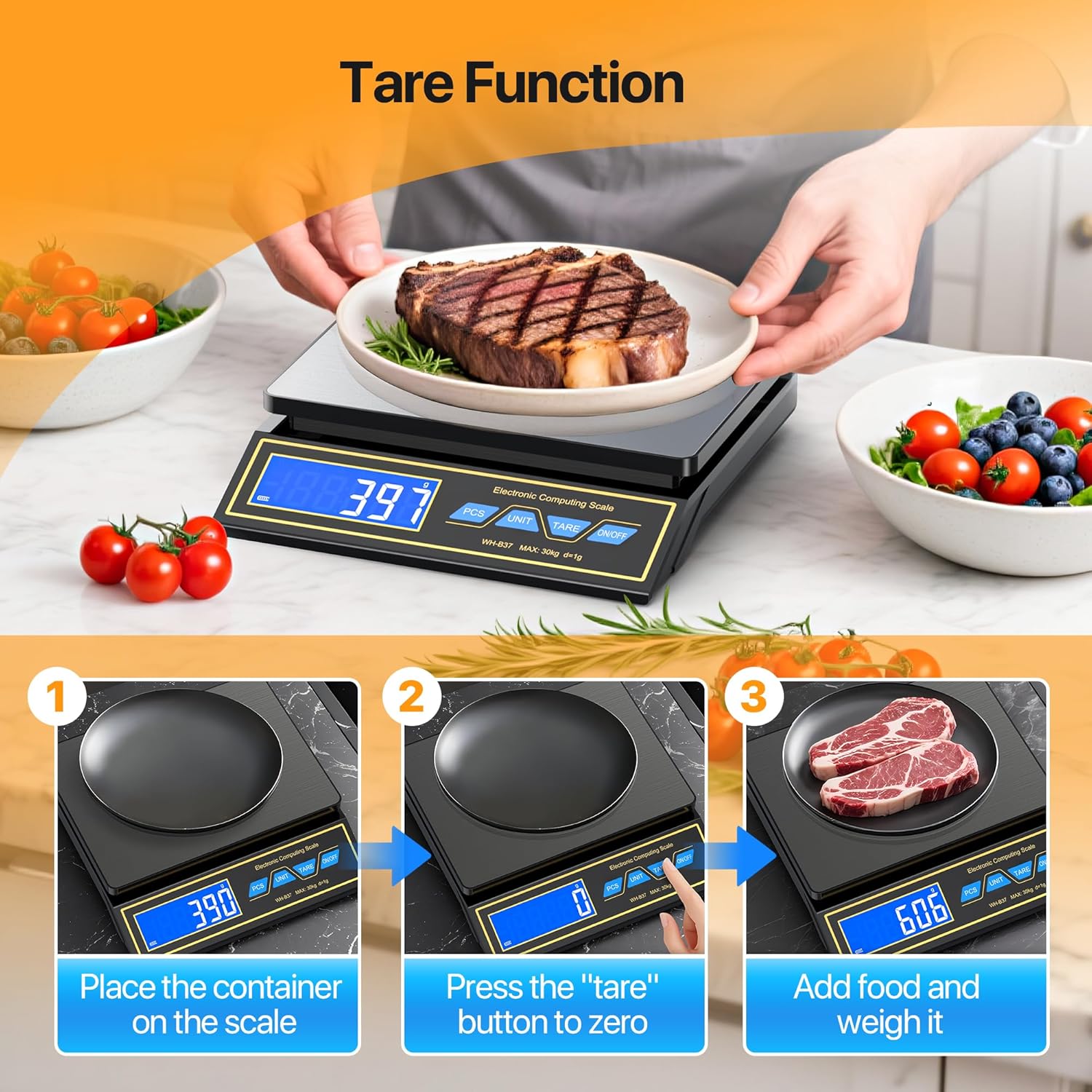 Küchenwaage 30 kg, Digitalwaage aus Edelstahl, Paketwaage, Präzisionswaage, 1 g für Gastronomie, Abmessen von Fleisch, Wurst, Kaffeewaage mit LCD, Stückzählung, Tarafunktion, 9 Einheiten, automatische Abschaltung, USB-C wiederaufladbar – Bild 4