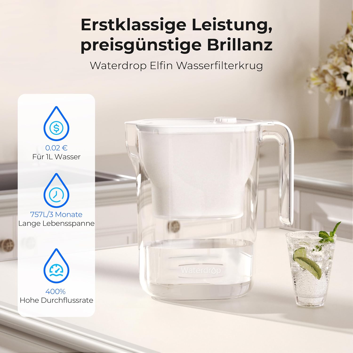 Waterdrop Wasserfilterkanne Kühlschrank-Wasserfilterkanne mit 3-Monats-Filter, 2,5 l, reduziert Fluorid, Chlor und mehr, NSF-zertifiziert, BPA-frei, Weiß (Ersatzfilter: WD-PF-01A Plus) – Bild 9