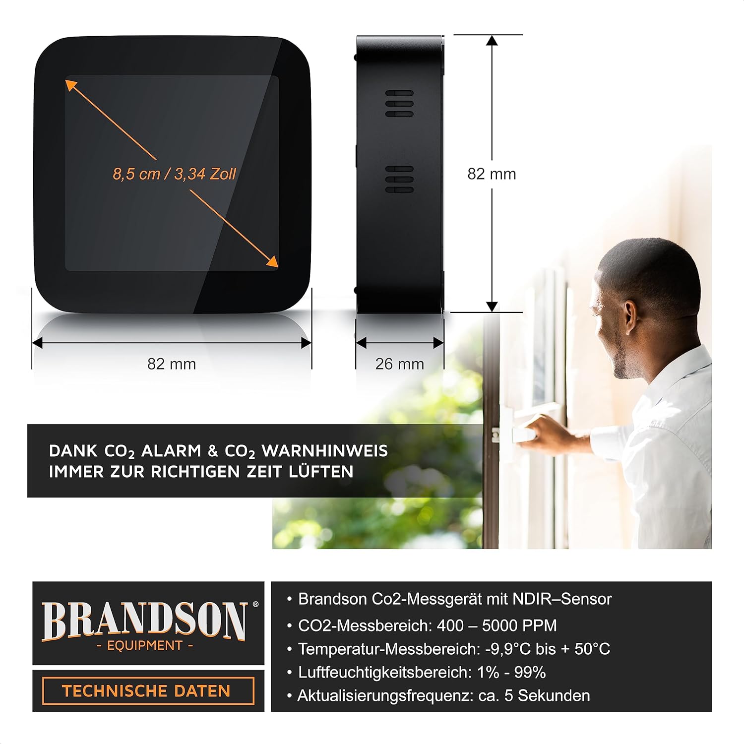 Brandson – CO2-Detektor-Messgerät, Luftqualitätstester, Kohlendioxid-Sensor-Messung PPM, CO2-Anzeige, empfohlener Alarm für Raumluftlüftung, Wecker, Temperaturthermometer, Luftfeuchtigkeits-Hygrometer – Bild 2