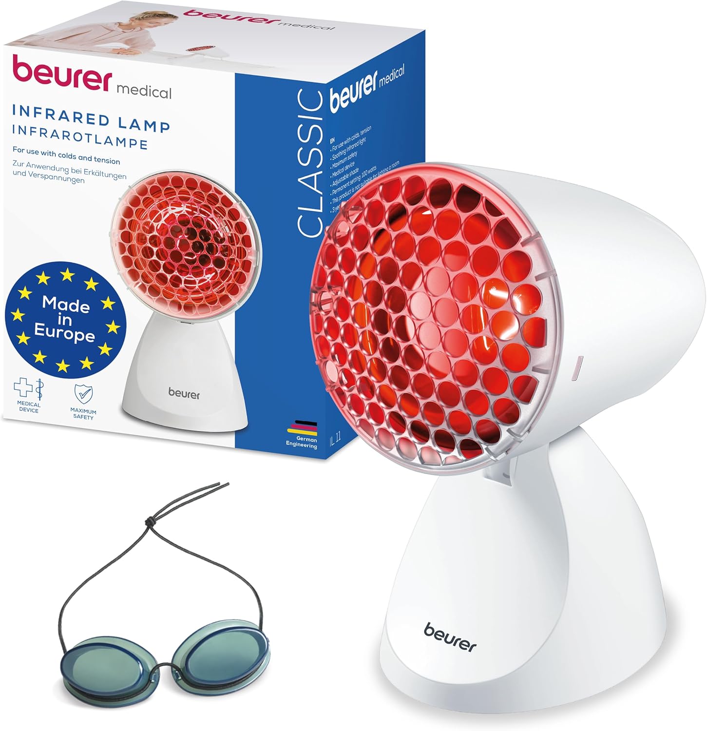 Beurer IL 11 Infrarotlampe mit Schutzgitter – Medizingerät mit wohltuender Wärme bei Kälte und Muskelverspannungen – 5 Neigungsstufen – inklusive Schutzbrille – weiß