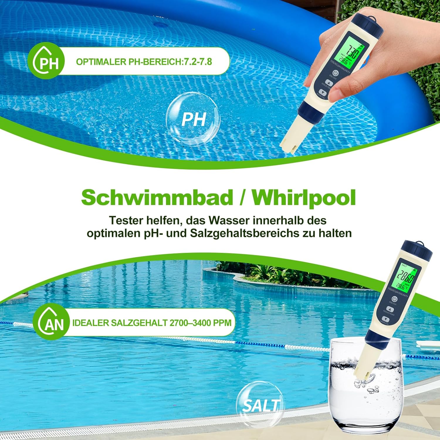 PH-Messgerät Wasser, PH/TDS/EC/Salzgehalt/Thermometer 5-in-1 pH-Wert-Messgerät mit LCD-Display, automatischer Temperaturkompensation pH-Tester, hochpräziser Wassertester, ideal für Trinkwasser, Pool – Bild 2