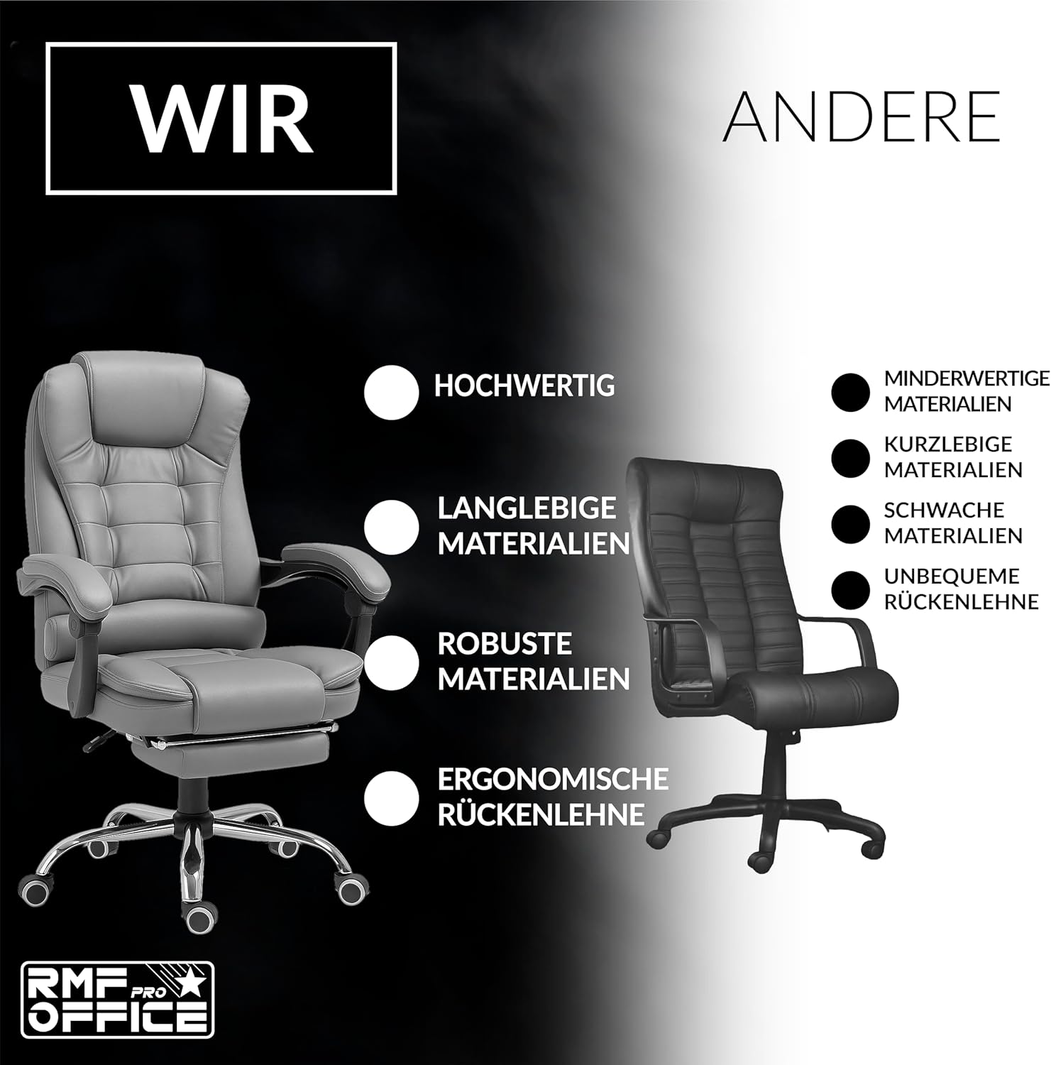 RMF Ergonomischer Profi-Bürostuhl, neigbarer, bequemer und entspannender Schreibtischstuhl mit Fußstütze, Liegestuhl mit drehbaren Rädern, höhenverstellbar, Grau – Bild 8