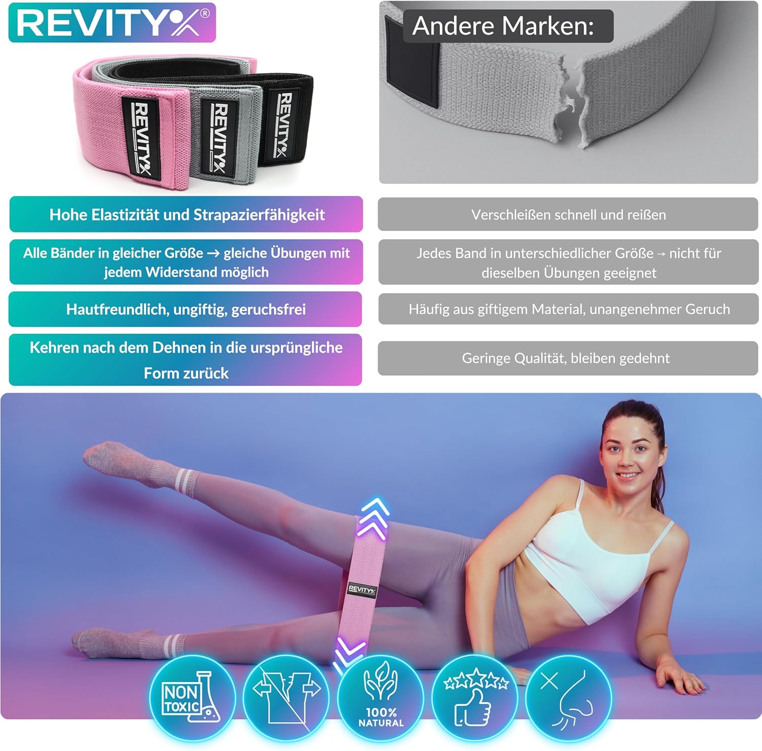 Widerstandsbänder Stoff – 3er-Set Fitnessbänder für Beine und Gesäß, rutschfest, 30-Tage-Trainingsplan PDF, Fitnessband aus Naturlatex und weichem Stoff, langlebig, mit Tragetasche – Bild 9