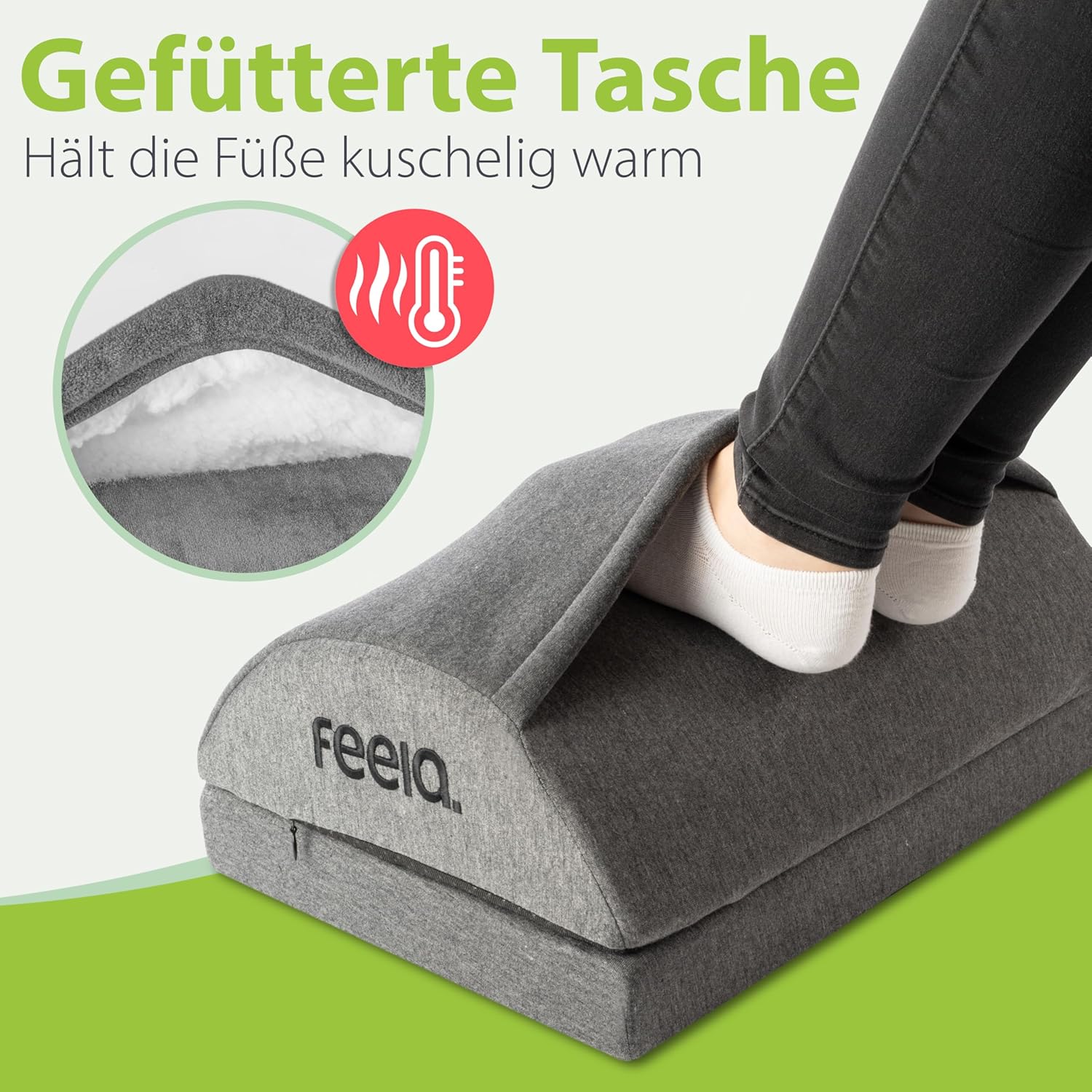 Feela. Fußstützen-Schreibtisch (Vergleichssieger) – Ergonomischer Fußhocker mit Premium-Schaumstoffkern & integriertem Wärmekissen – rutschfest, höhenverstellbar, Schreibtischzubehör (Dunkelgrau) – Bild 3