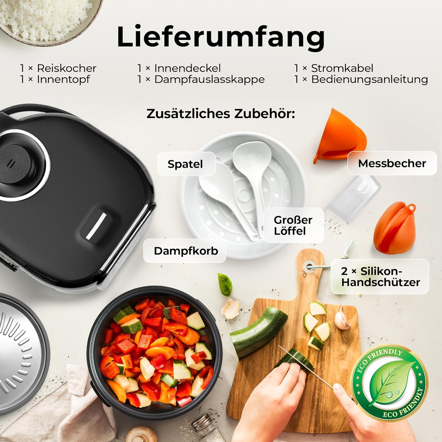 Balter Reiskocher, Multikocher mit 20 Programmen, 4L Reiskocher, Multikocher, Fuzzy-Logic, Dampfgarer & Schongarer, Warmhaltefunktion & Timer, inkl. Premium-Topf, Zubehör & Rezeptbuch, klein – Bild 8