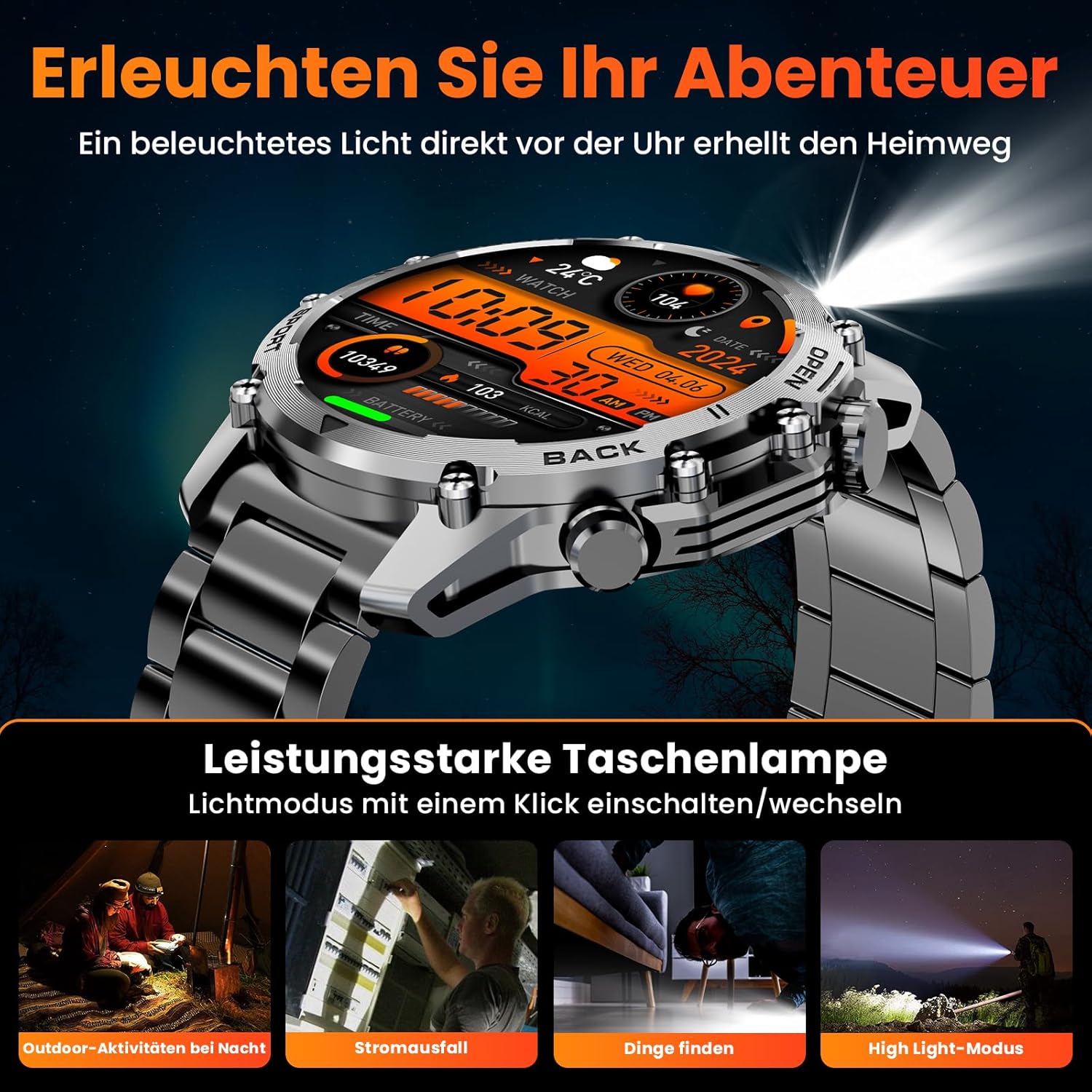 Herren Smartwatch 1,52 Zoll HD Smart Watch mit 500 mAh langer Akkulaufzeit, 114+ Sportmodi, Fitnessuhr im Militärstil mit Herzfrequenz/Schrittzähler/Schlafmonitor/Taschenlampe, Android iOS Herrenuhren – Bild 6