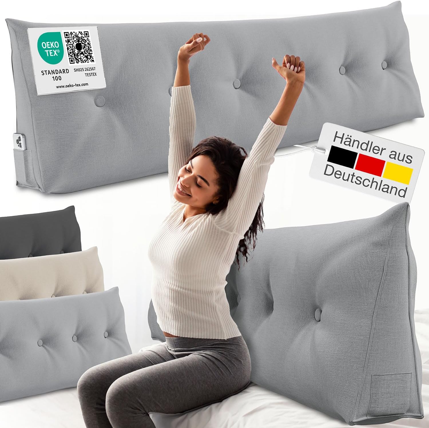 ELONEO Rückenkissen, 180 cm breit, Keilkissen, für Bett und Sofa, dreieckig, Lesekissen, abnehmbarer und waschbarer Bezug, praktische Seitentasche