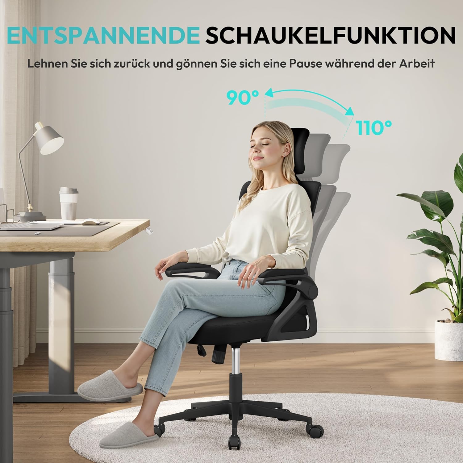 Yaheetech Ergonomischer Bürostuhl, Schreibtischstuhl mit klappbaren Armlehnen, Drehstuhl mit Rückenlehne und verstellbarer Kopfstütze, Chefsessel, Wippfunktion, maximale Belastung 136 kg, Schwarz – Bild 8