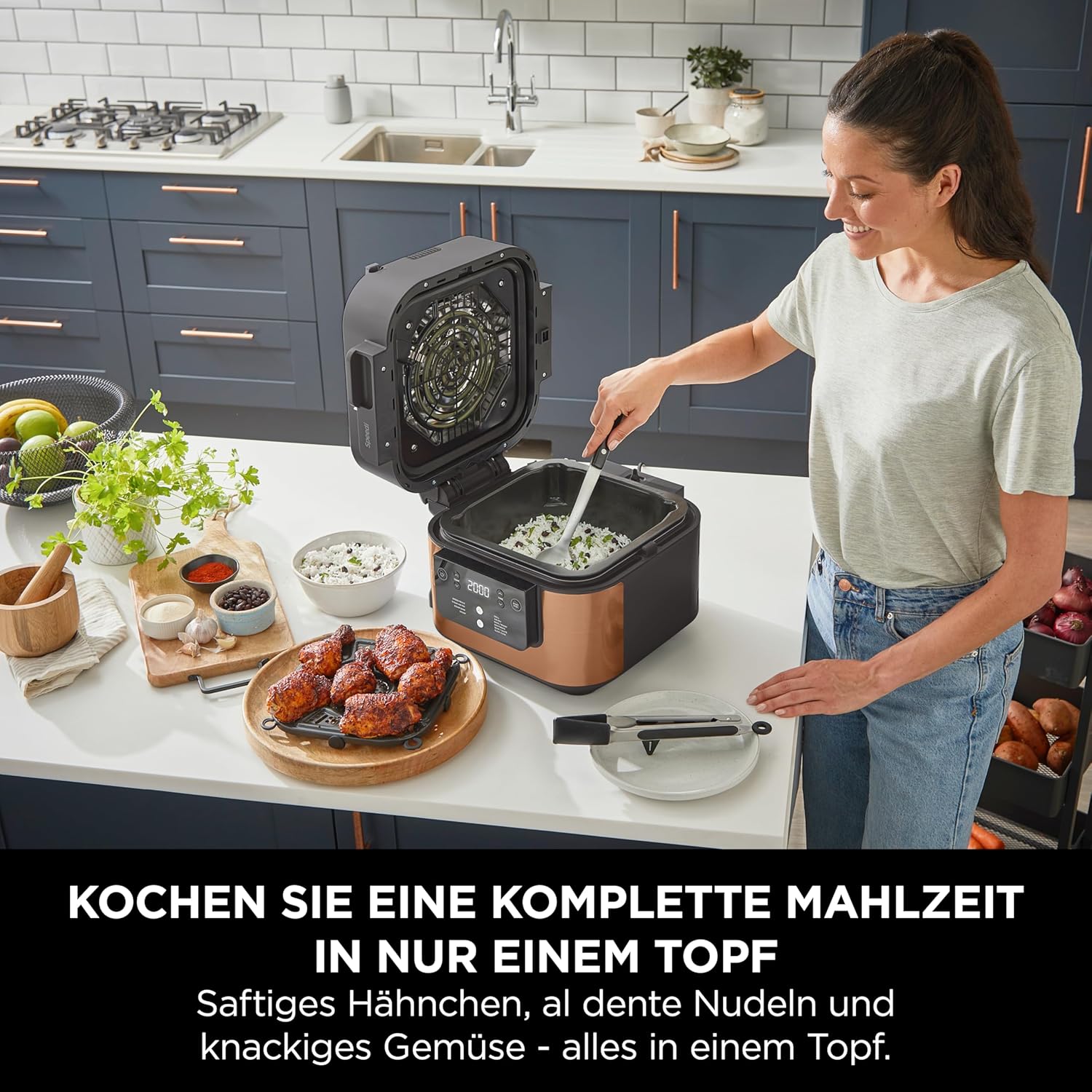 Ninja Speedi Multicooker, 5,7 l, 10-in-1-Multicooker, Airfryer-Heißluftfritteuse, Schongarer, langsames Kochen, Grillen, Backen, Schwarz und Kupfer ON400EUCP – Bild 4