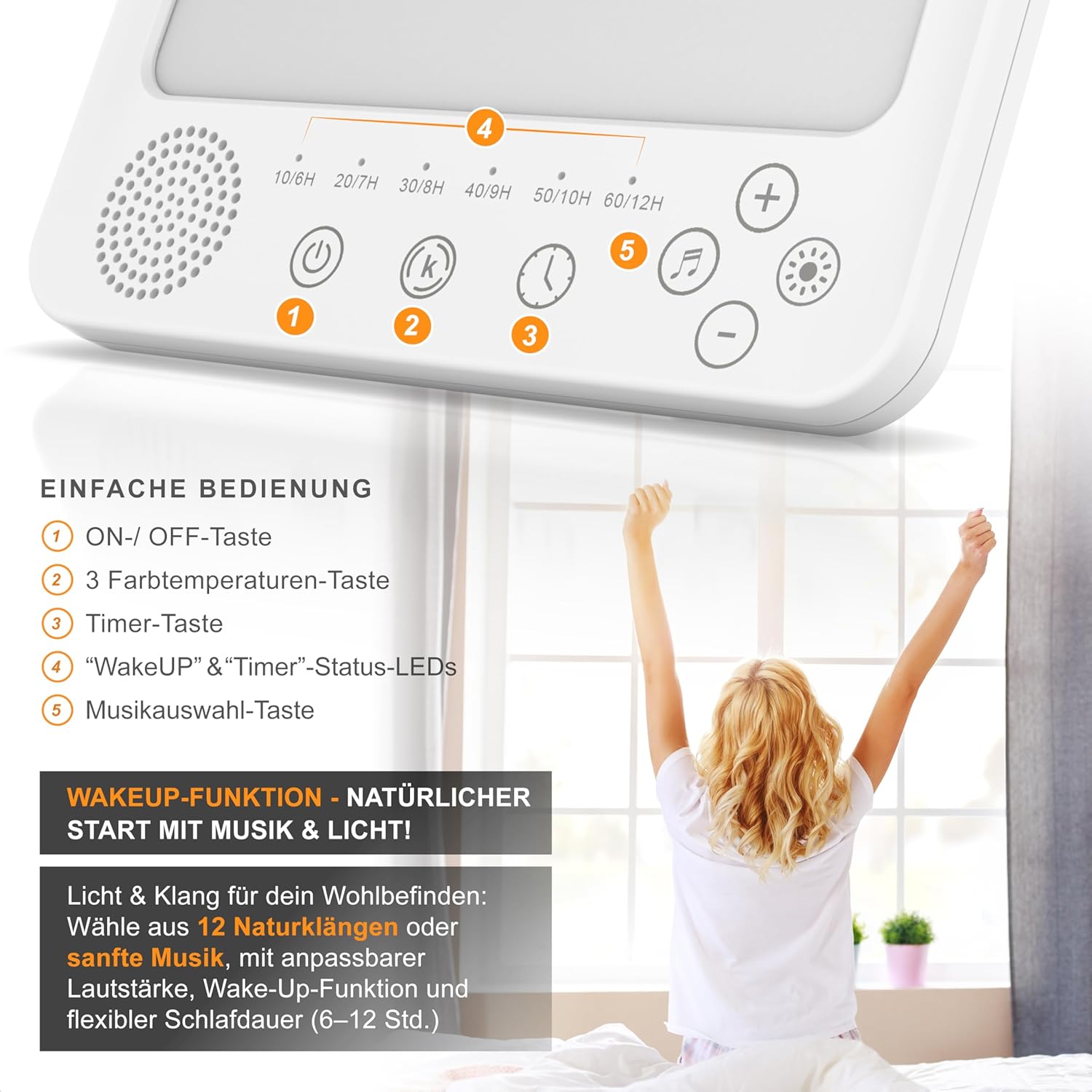 CSL - Tageslichtlampe dimmbar mit WakeUp-Funktion - Simulation von Tageslicht - LED-Lichttherapie - Tageslichtlampe - Flimmer- und UV-freie LED-Technologie - 3 Lichttemperaturen - Timer – Bild 4