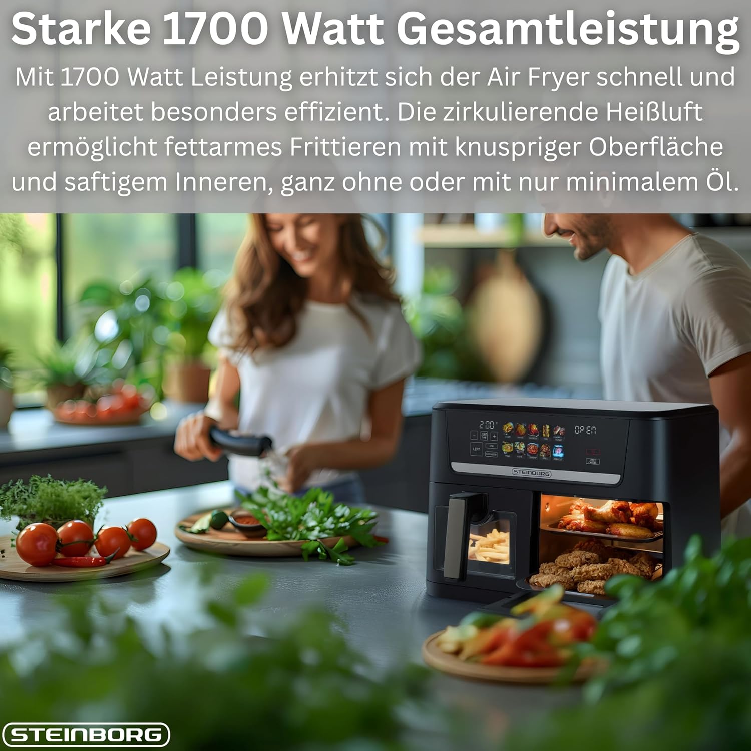 Steinborg® XXL Heißluftfritteuse, Dual-Zone, 14 Liter (8 l + 6 l), Luftfritteuse 1700 W mit 2 Kammern und 2 unabhängigen Kochzonen, Digitalanzeige, 10 Programme, 60–200 °C, Ölfrittierkorb, spülmaschinenfester Korb – Bild 6