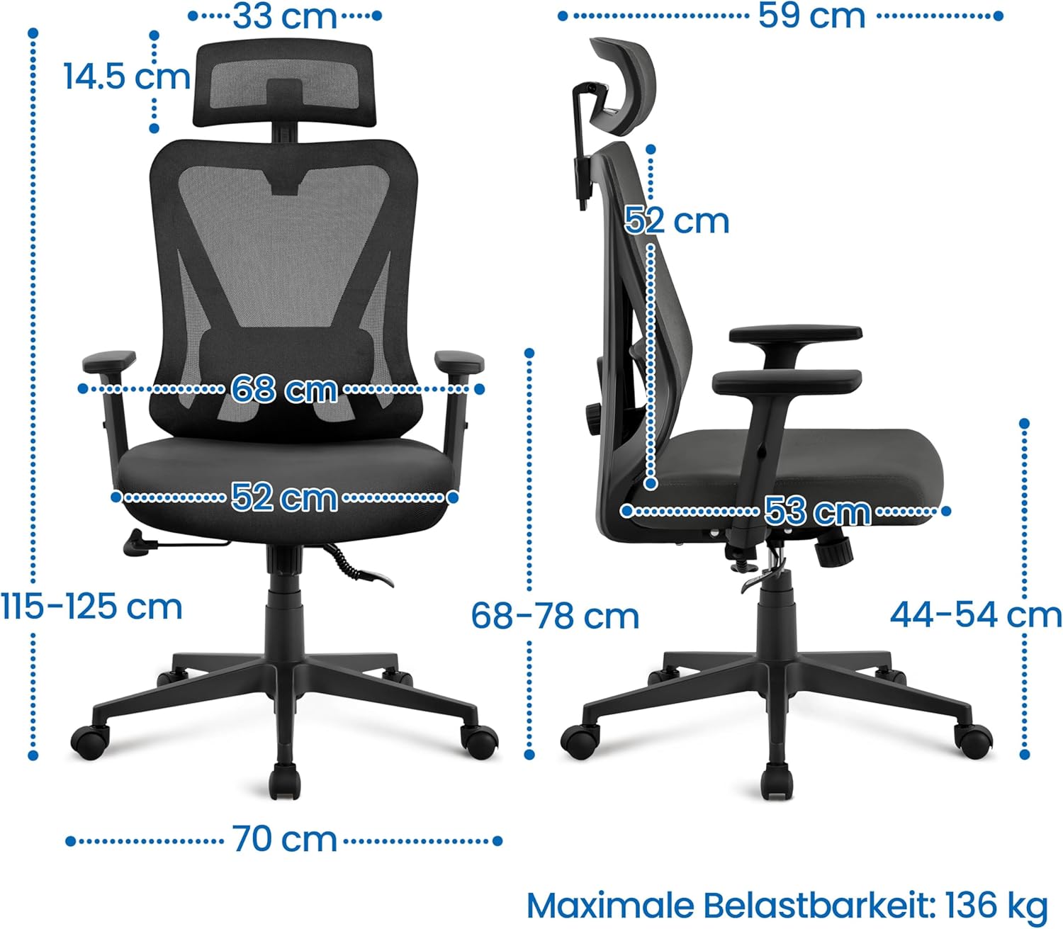 Yaheetech Ergonomischer Bürostuhl, höhenverstellbarer Schreibtischstuhl mit atmungsaktiver Netzrückenlehne, verstellbaren Armlehnen, Kopfstütze und Lordosenstütze, Wippfunktion bis 130°, Home Office, Schwarz – Bild 3