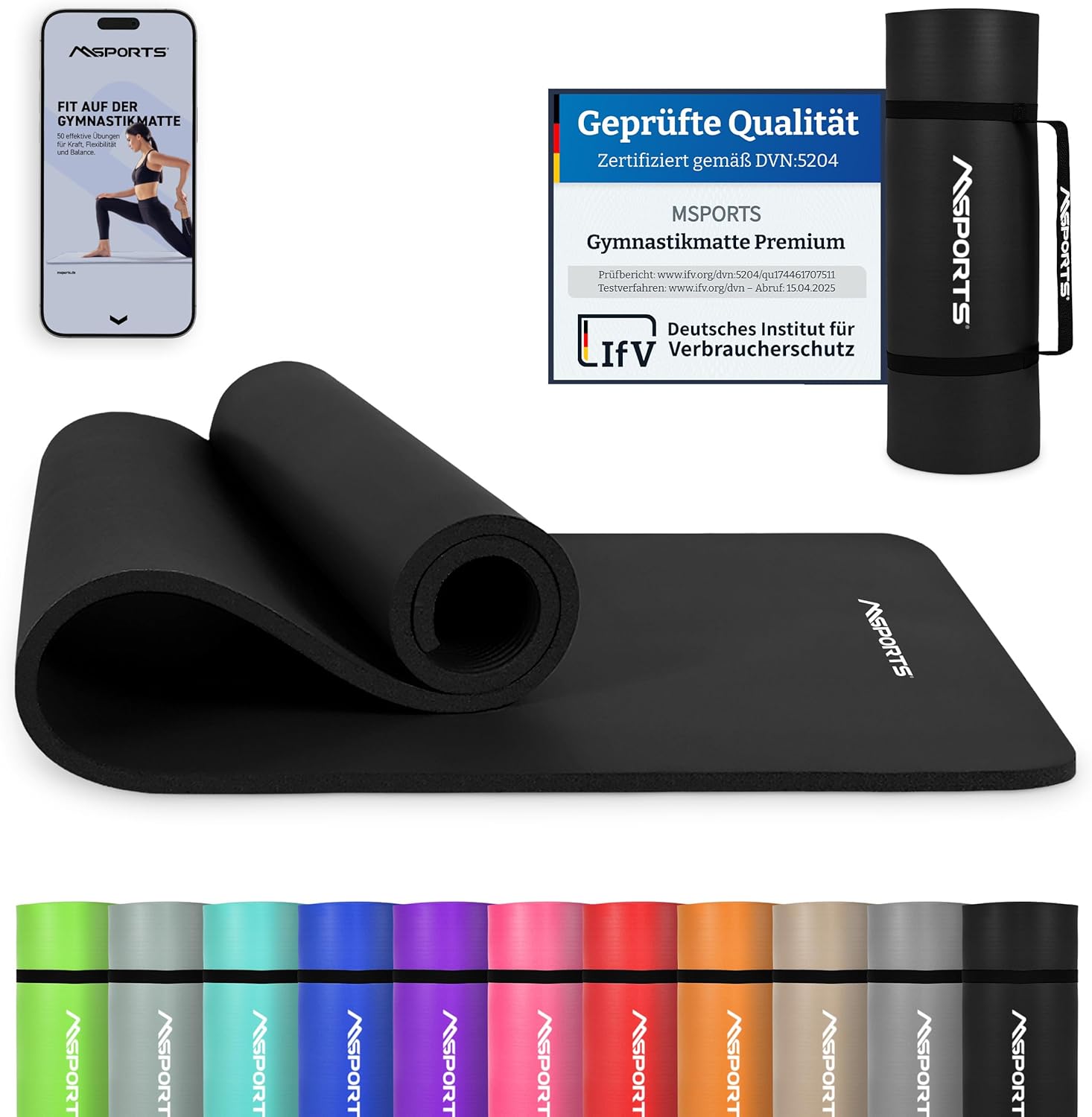 MSports Premium Gymnastikmatte inklusive Tragegurt + Übungsposter + Workout-App – hautfreundliche Fitnessmatte, 190 x 60, 80 oder 100 x 1,5 cm, verschiedene Farben, phthalatfreie Yogamatte, 190 x 100 x 1,5 cm