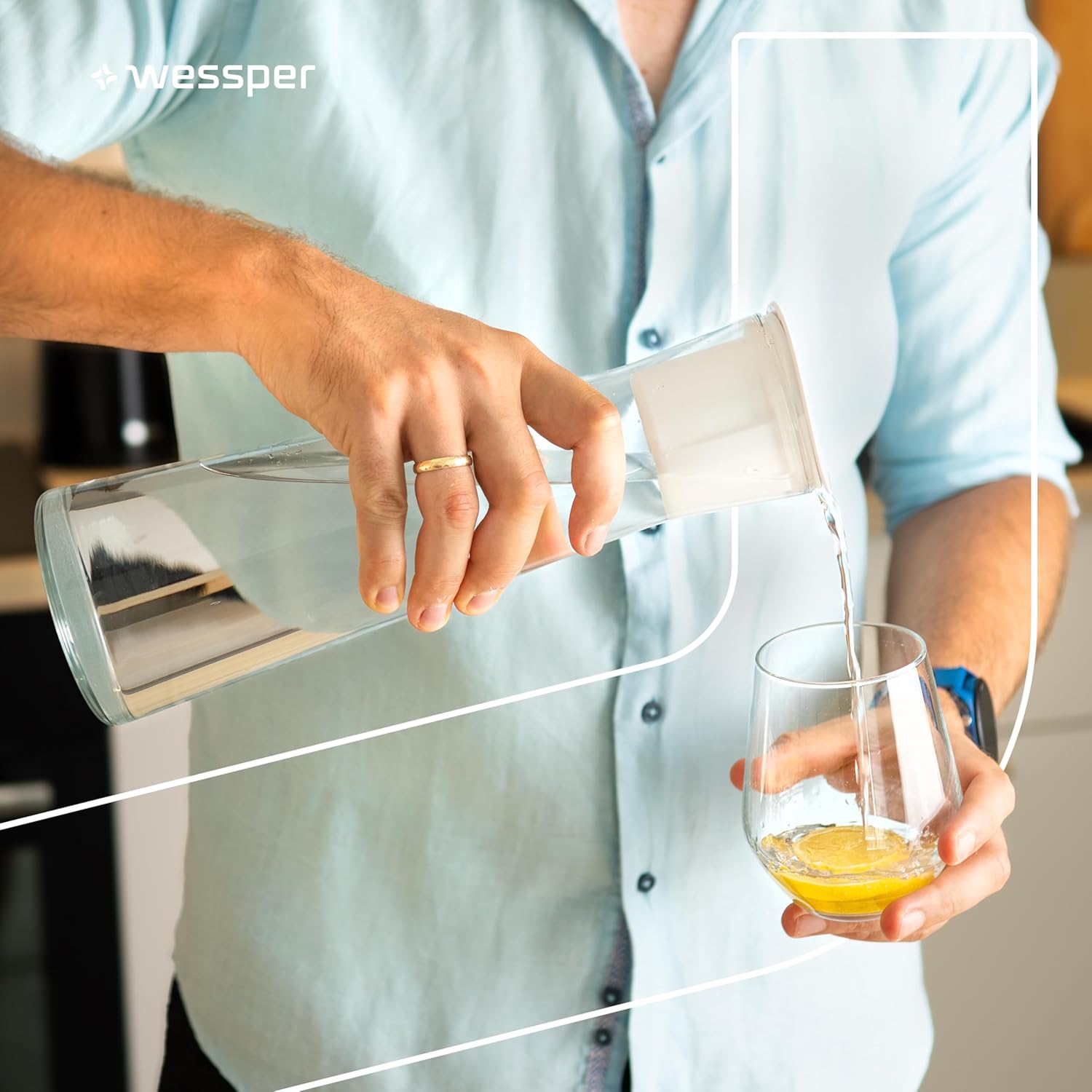 Wessper Glas-Wasserfilterkaraffe, 1 Liter, Wasserkaraffe mit Mikroscheiben-Wasserfilter, Glaskaraffe mit Deckel, zum Filtern von Wasser und Kaltgetränken, BPA-frei, Weiß – Bild 7