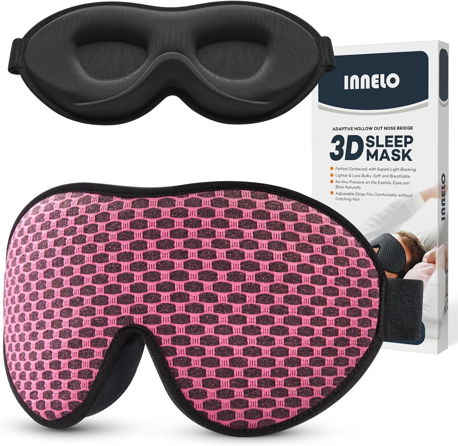 INNELO Schlafmaske für Männer und Frauen, 2025, bequeme, atmungsaktive 3D-Augenmaske, mit tiefen Augenhöhlen und erhöhten Nasenpads, 100 % lichtblockierende Schlafmaske mit Memory-Schaum für Reisen, Pink