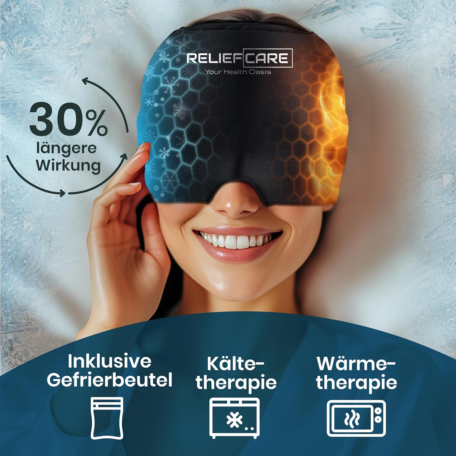 RELIEF CARE Migränemaske, Kühlmaske, 360°-Gel-Entlastungshut, Kühlkappe und Schlafmaske – zur Linderung von Migräne, Kopfschmerzen, Druck, geschwollenen Augen, Kühlhut, Entspannung und Wohlbefinden – Bild 6