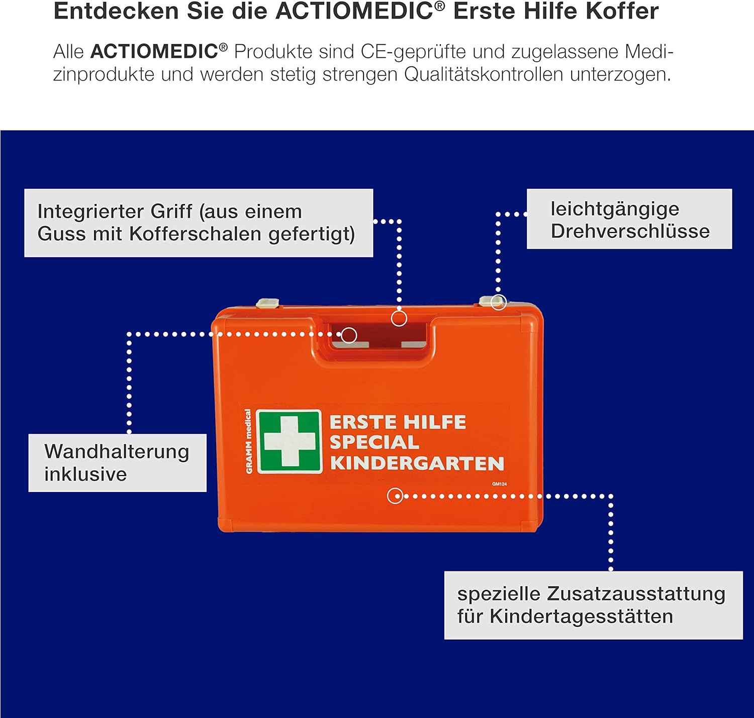 ACTIOMEDIC Erste-Hilfe-Kasten Kindergarten DIN 13157:2021, Notfallkoffer mit Wandhalterung, mehrsprachige Beschriftung, Orange, 34 x 12 x 24 cm – Bild 5