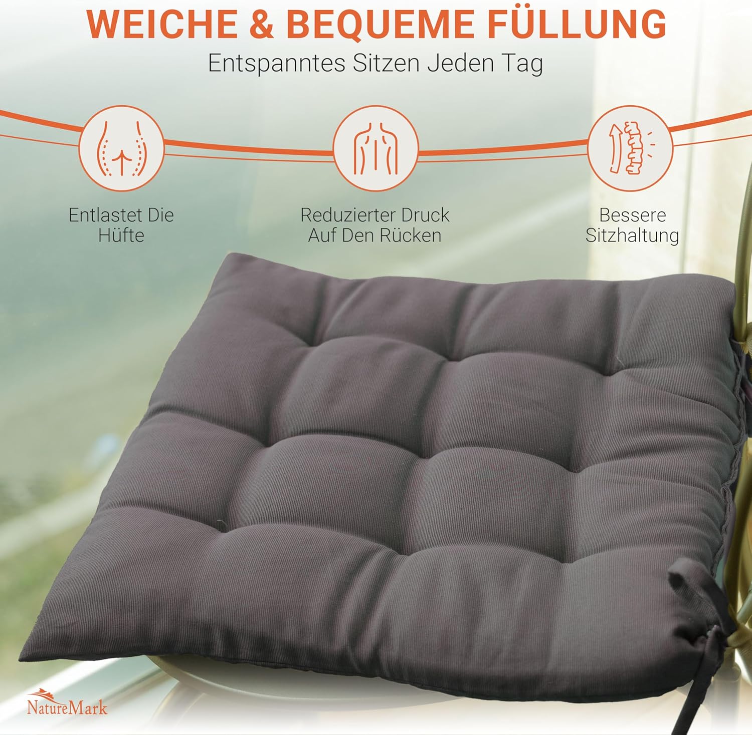 NatureMark 4er-Set Stuhlkissen mit Riemen, Größe 40 x 40 cm, gefülltes Sitzkissen – Bild 4