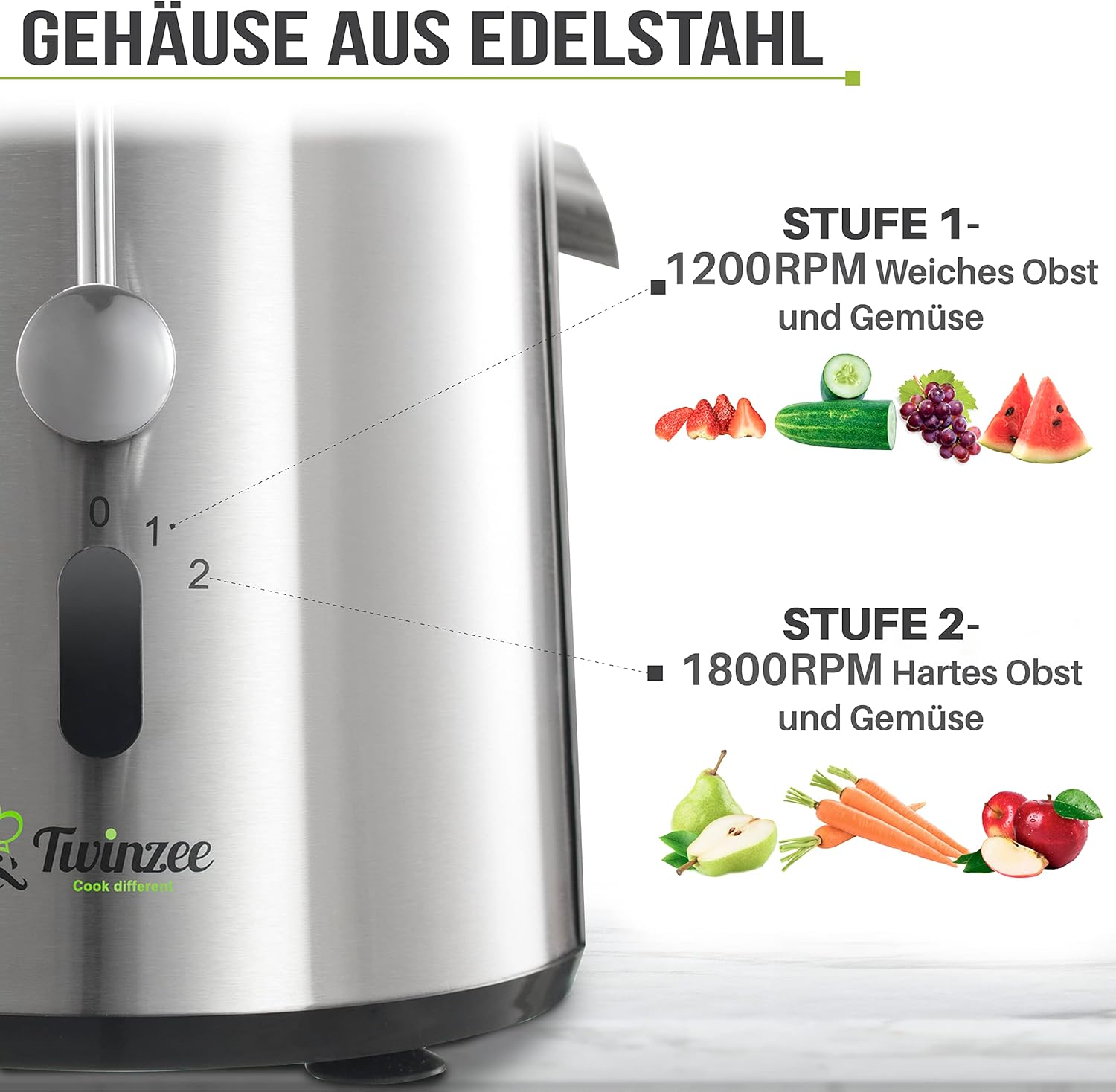 Entsafter für Gemüse und Obst von Twinzee – 850 W Zentrifugal-Entsafter – 2 Geschwindigkeitsstufen, großer Einfüllkanal, rutschfeste Füße – Elektrischer Entsafter, hochwertig für gesunde Ernährung – Bild 3