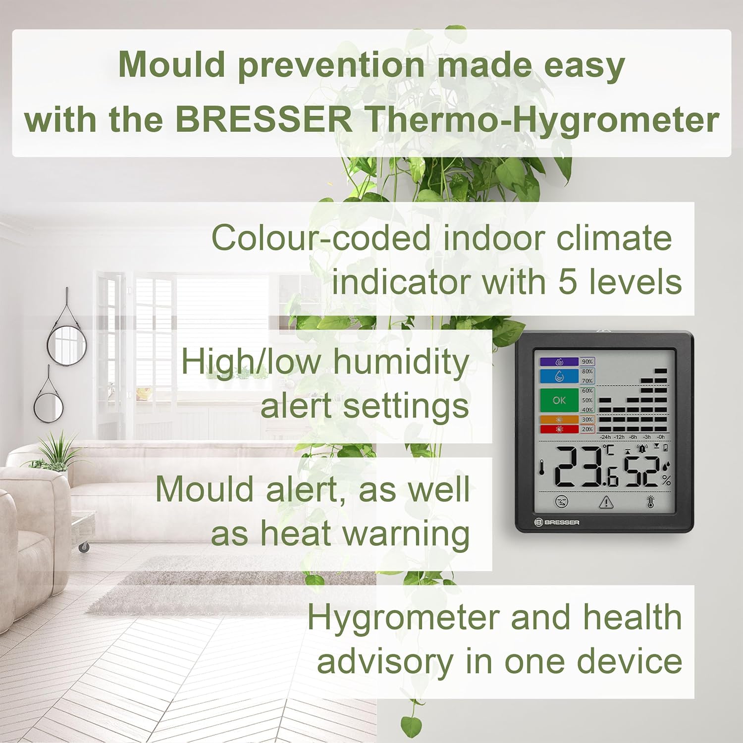 Bresser Thermo-Hygrometer mit Schimmelwarnung, Farbindikator, Raumklima-Manager, misst Temperatur und Luftfeuchtigkeit, Grippe-/Hitzealarm, grafischer Feuchtigkeitsverlauf, 95 x 85 x 21 mm – Bild 3