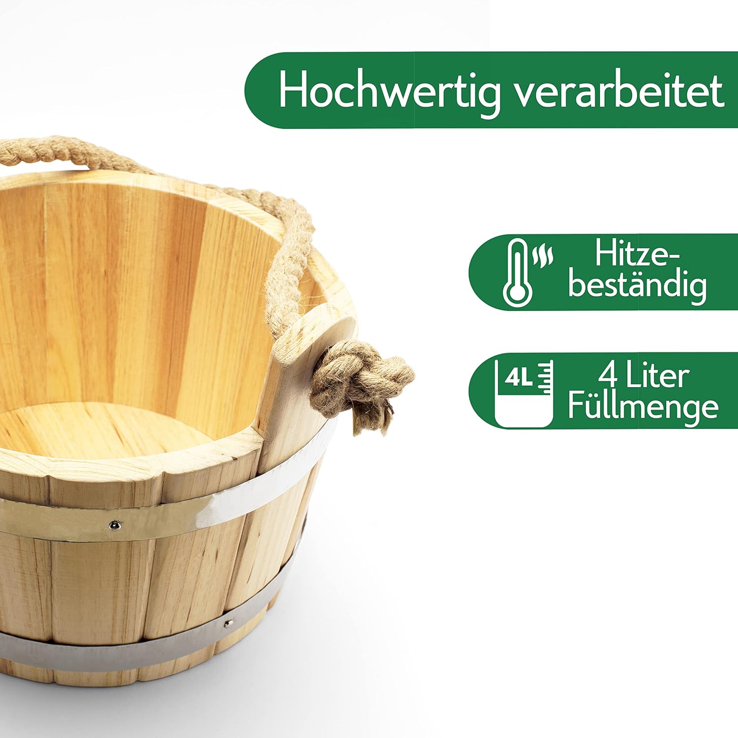 CozyNature® Saunakübel mit Schöpfkelle aus hochwertigem finnischen Kiefernholz, elegante Metallringe, starkes Hanfseil und Kunststoffeinsatz, 100 % handgefertigt, traditionelles Design, 4 Liter, mit E-Book – Bild 3