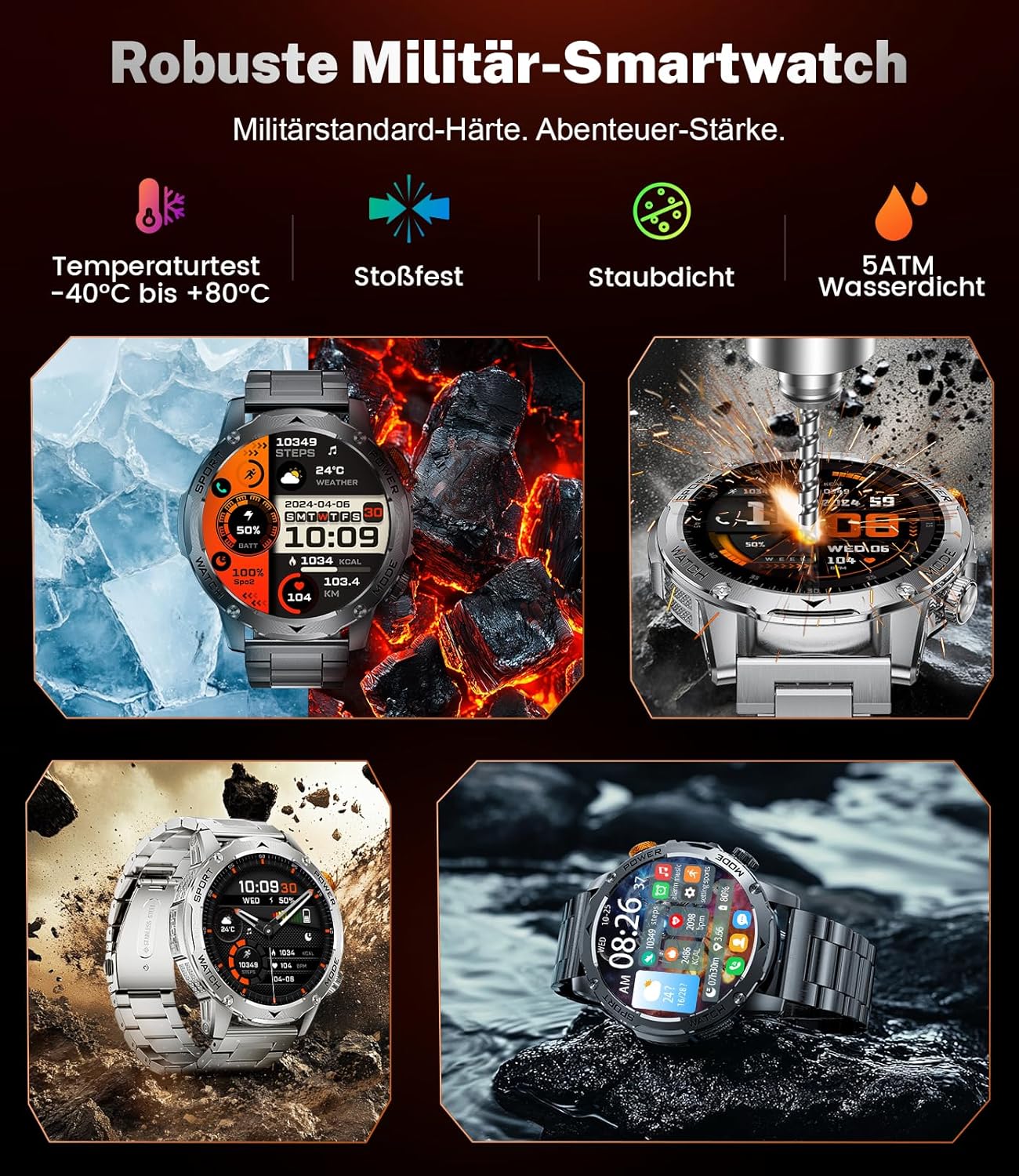 Smartwatch Herren Militär 1000 mAh Akku/1,75 Zoll HD großes Display, Smartwatch mit Taschenlampe/Bluetooth-Anrufe/130+ Sportmodi, IP68 wasserdichte Fitnessuhr mit Herzfrequenz-/Schlafmonitor, für Android iOS – Bild 2