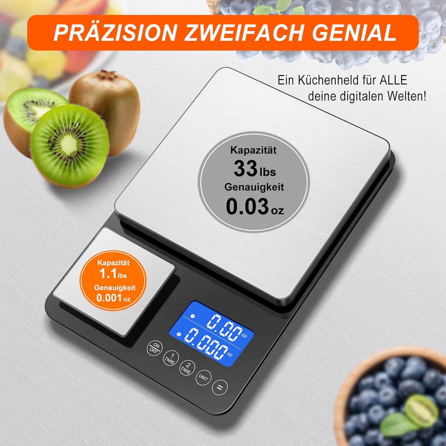 Digitale Küchenwaage mit Doppelplattform, präzise Messung von 500 g/0,01 g und 15 kg/1 g, Tara- und Summierfunktion, 7 Einheiten Lebensmittelwaage zum Kochen, Backen, für Fitness-Mahlzeiten und für den professionellen Küchengebrauch – Bild 2