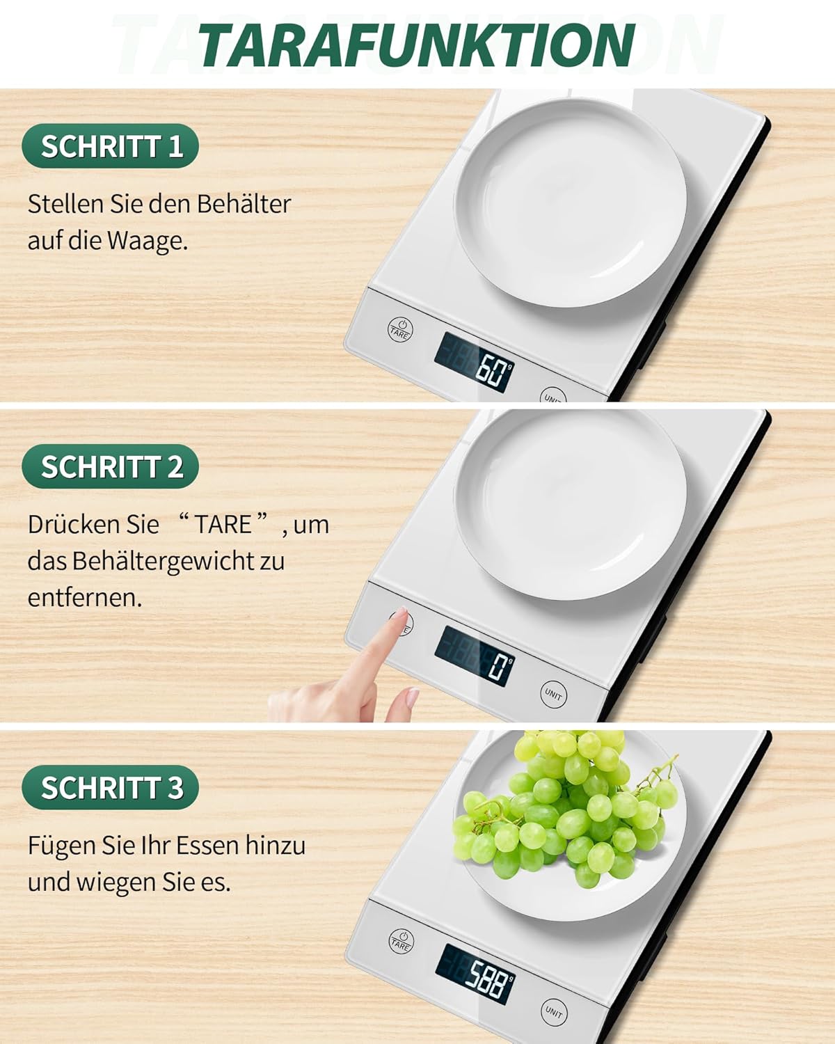 Küchenwaage Digital 10 kg Küchenwaage Glas Digitalwaage Wasserdicht Elektronische Haushaltswaage zum Backen, Tarafunktion, Touch-Taste, 1 g genau – Silber – Bild 5