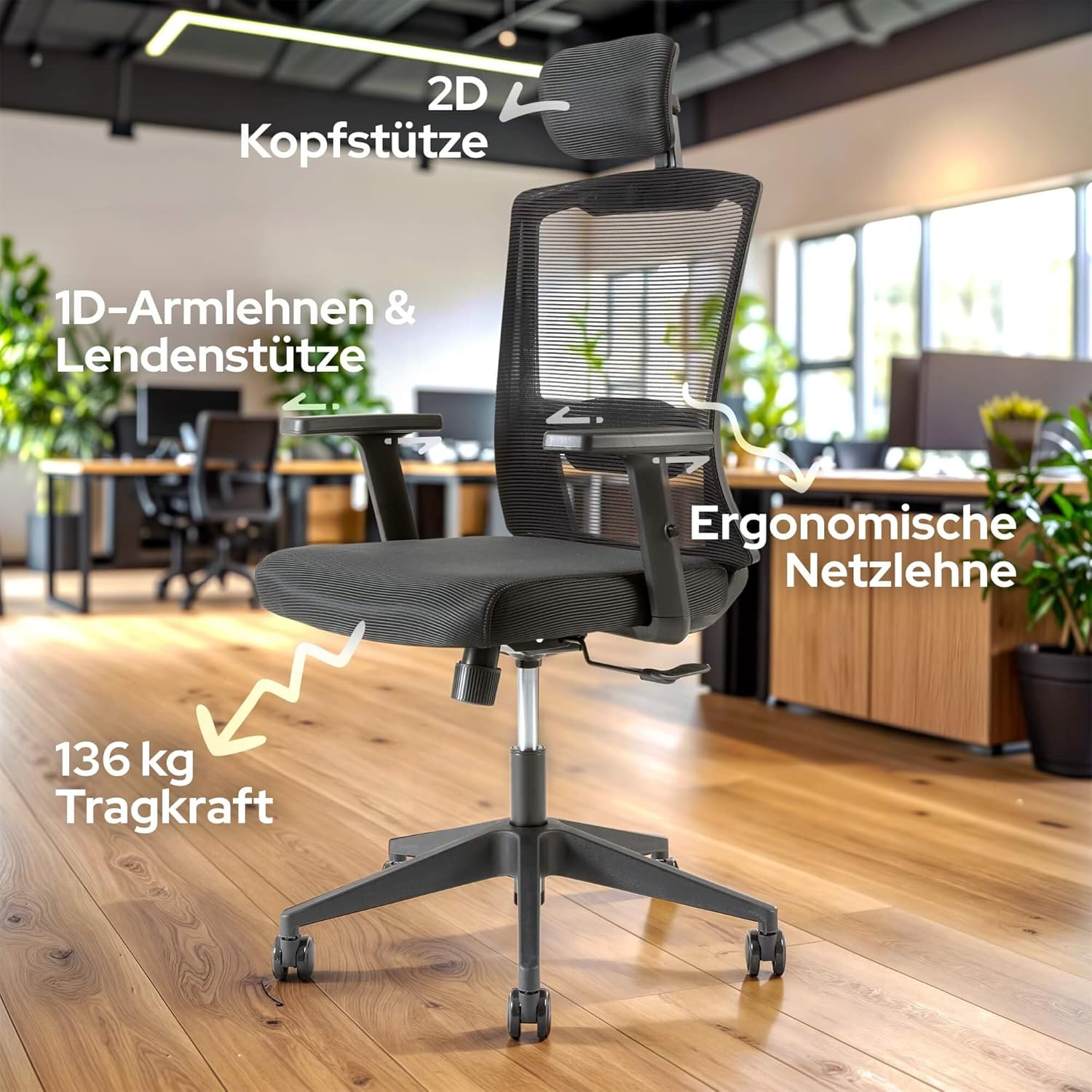 Arebos Ergonomischer Bürostuhl, Schreibtischstuhl mit verstellbarer Kopfstütze, Armlehnen, Lordosenstütze, Drehstuhl, Wippfunktion, Netz-Chefsessel, rückenschonend, Bürostuhl 136 kg – Bild 4
