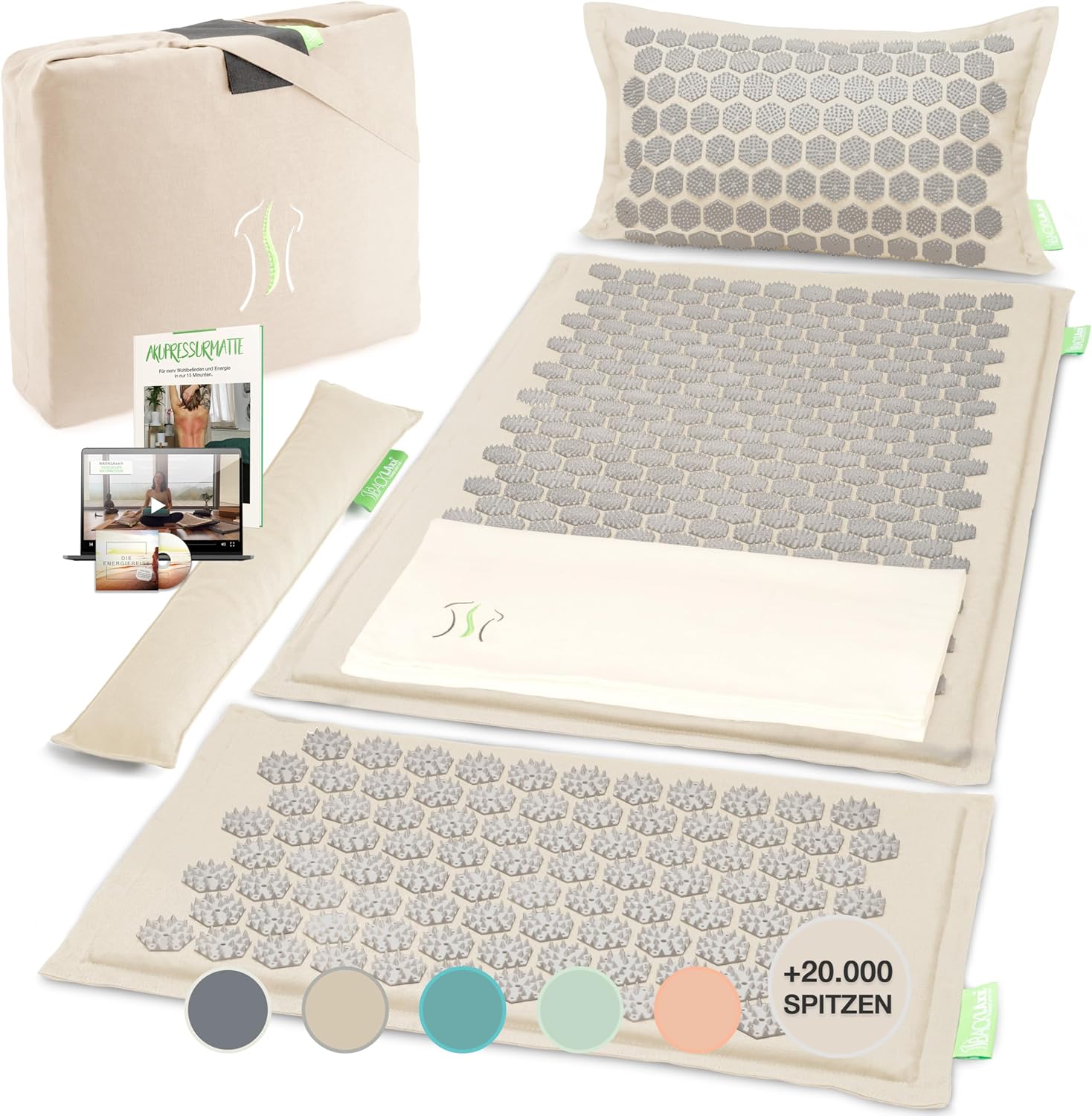 BACKLAXX Akupressurmatten-Set mit Kissen, Tuch & Tasche, XL-Akupressurmatte, 120 % mehr Fläche, Akupunkturmatte mit Spikes zur Massage, Akupressurmatte für Nacken und Schulter, Massagematte Rücken