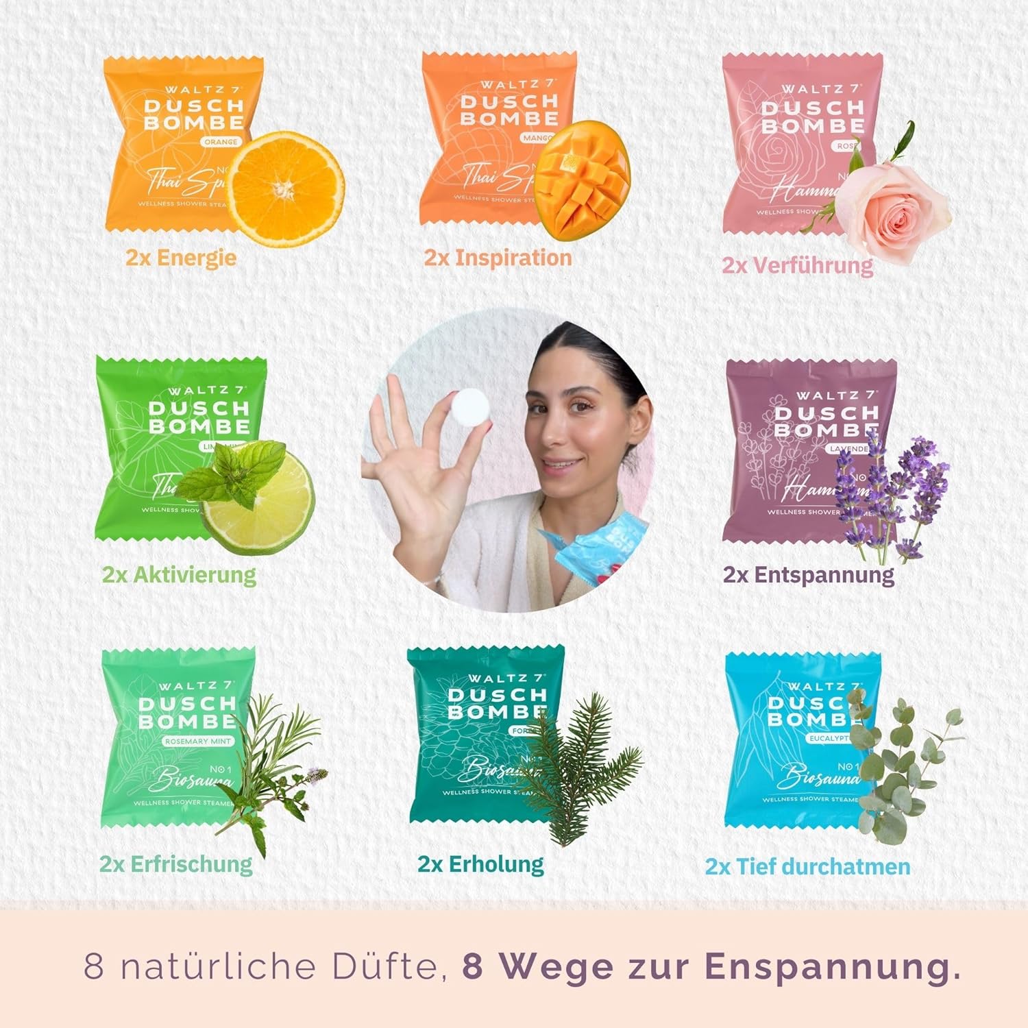 Waltz 7, Aromatisches Duschbomben-Set, 16-teilig mit 8 Düften, Best of Shower Tabs Aromatherapie, Wellness-Geschenkset für Männer und Frauen, ätherische Duschbadöle – Bild 6