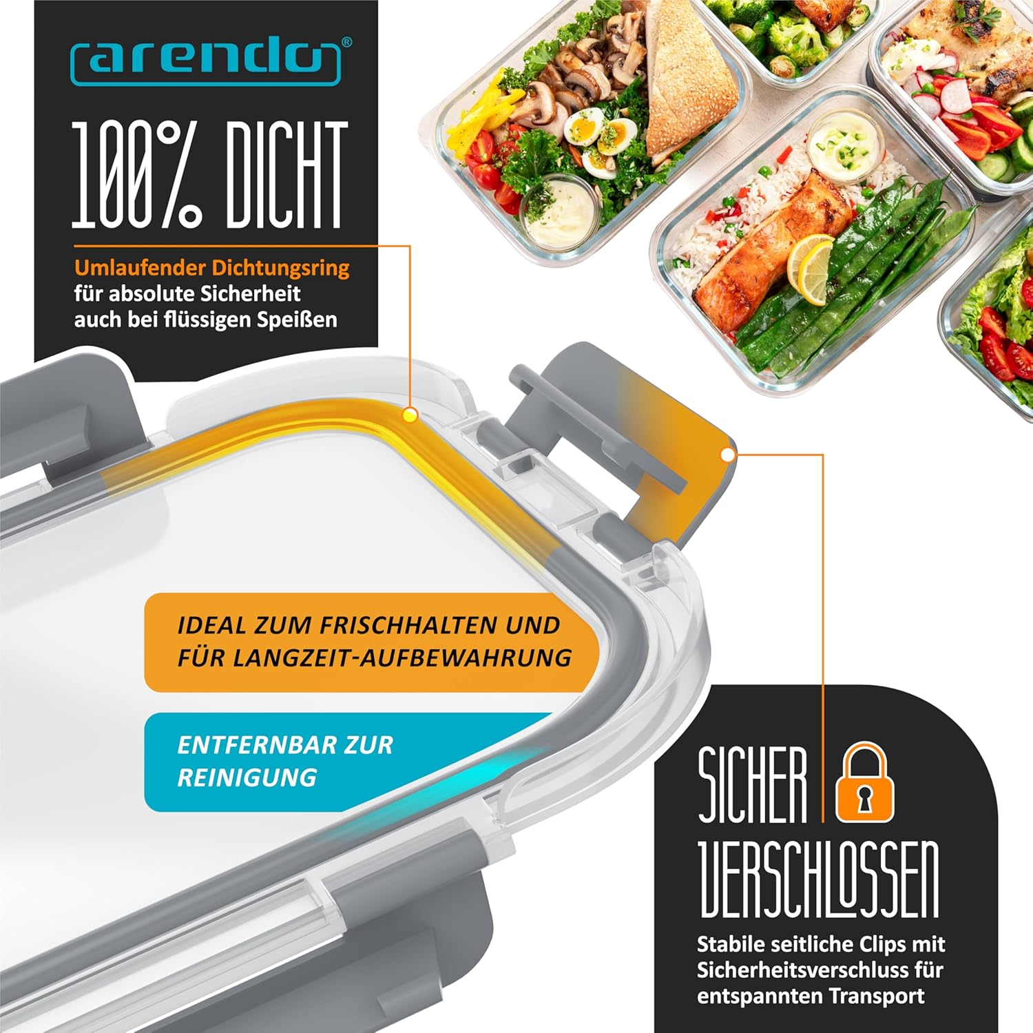 Arendo – Lunchboxen aus Glas – Frischhaltedosen mit luftdichtem Deckel – 3er-Set – 1000 ml – für Mikrowelle, Backofen, Gefrierschrank – spülmaschinenfest – Vorratsgläser, Meal-Prep-Boxen-Set – Bild 4