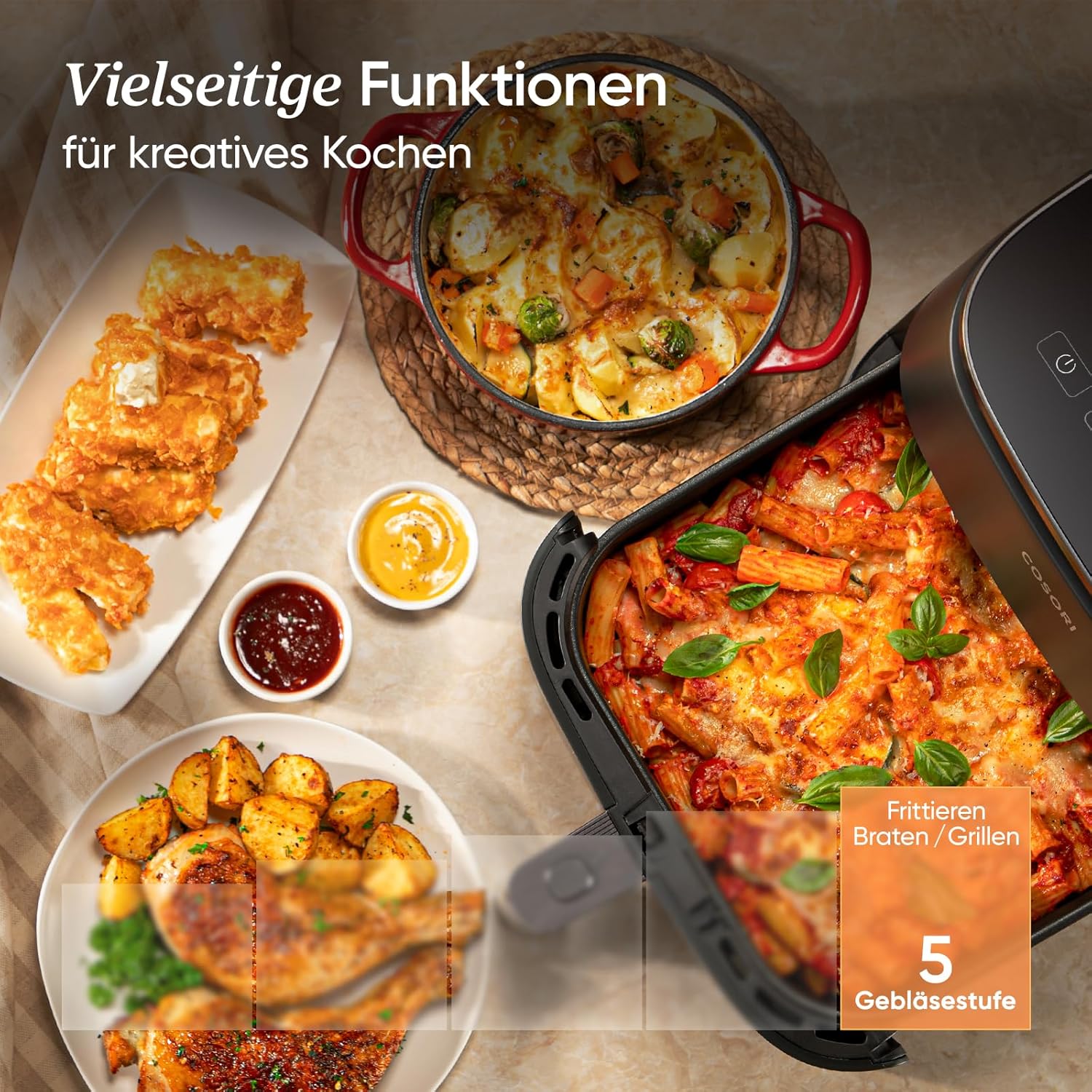 Cosori Turboblaze Heißluftfritteuse Airfryer, 9-in-1-Luftfritteuse XXL 6L, leiser Gleichstrommotor mit 5 Geschwindigkeitsstufen, Grillen, Backen, Fermentieren, Dörren, 87 Rezepte, 64 % Energieeinsparung, Weiß – Bild 4