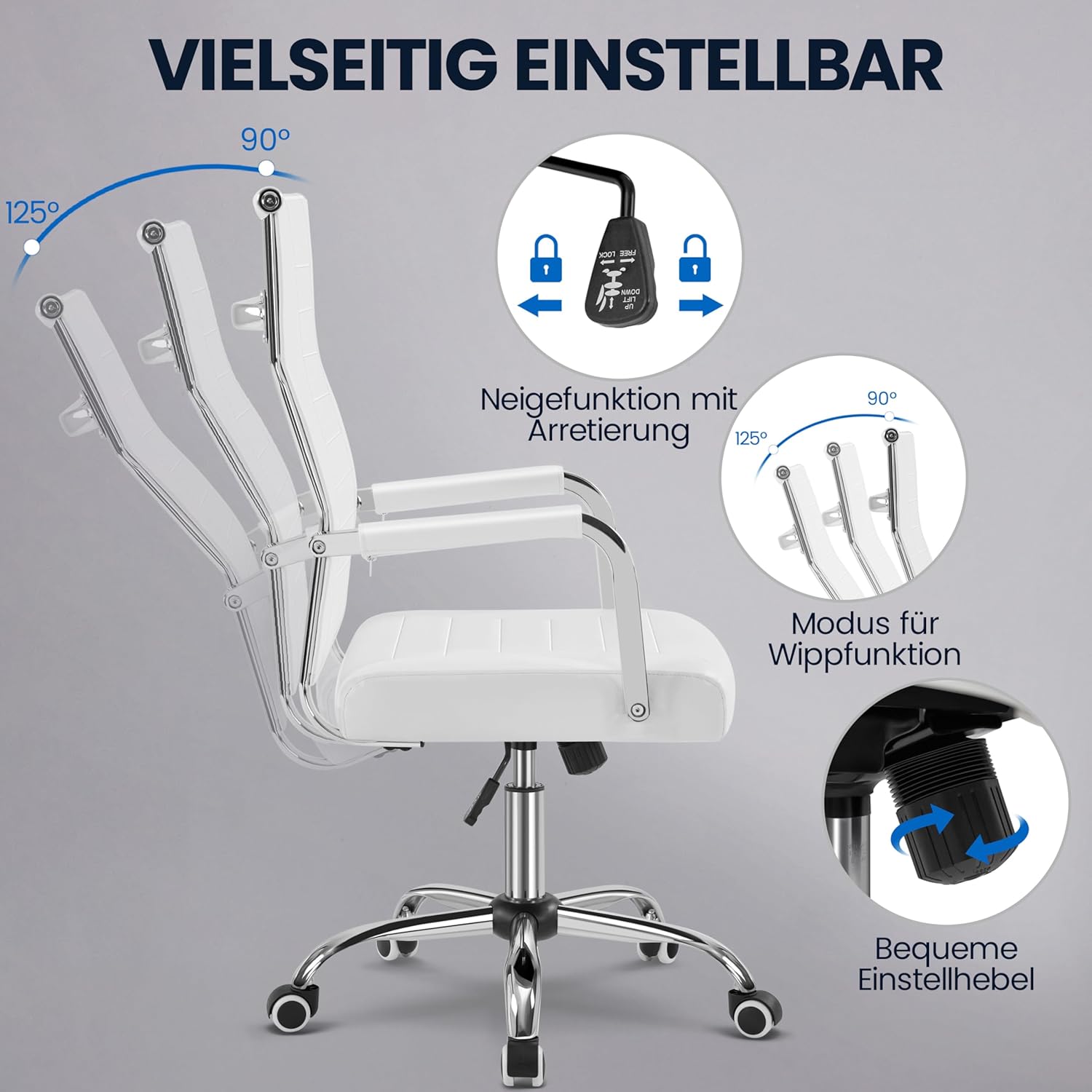 Yaheetech Bürostuhl, ergonomischer Schreibtischstuhl mit Armlehnen, Chefsessel, Computerstuhl, hohe Rückenlehne, Arbeitsstuhl mit Wippfunktion, maximale Belastung 136 kg, Weiß – Bild 5