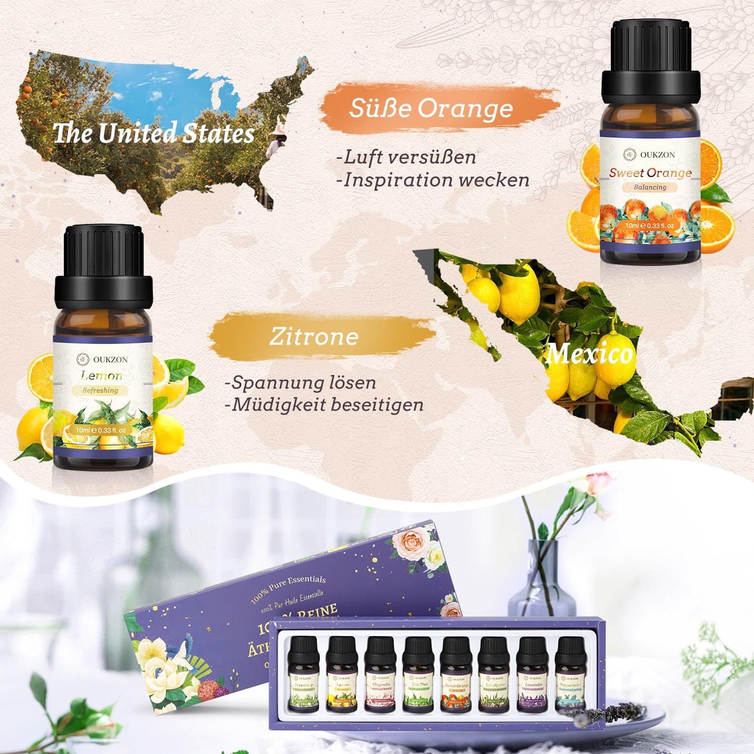 Ätherische Öle Set, 8 x 10 ml Aromatherapie-Duftöl, kleine Geschenke für Frauen – 100 % natürliches, reines Aromaöl für Diffusor, Massage, Ölbrenner, Kerzenherstellung, Geschenk für Weihnachten, Geburtstag – Bild 5