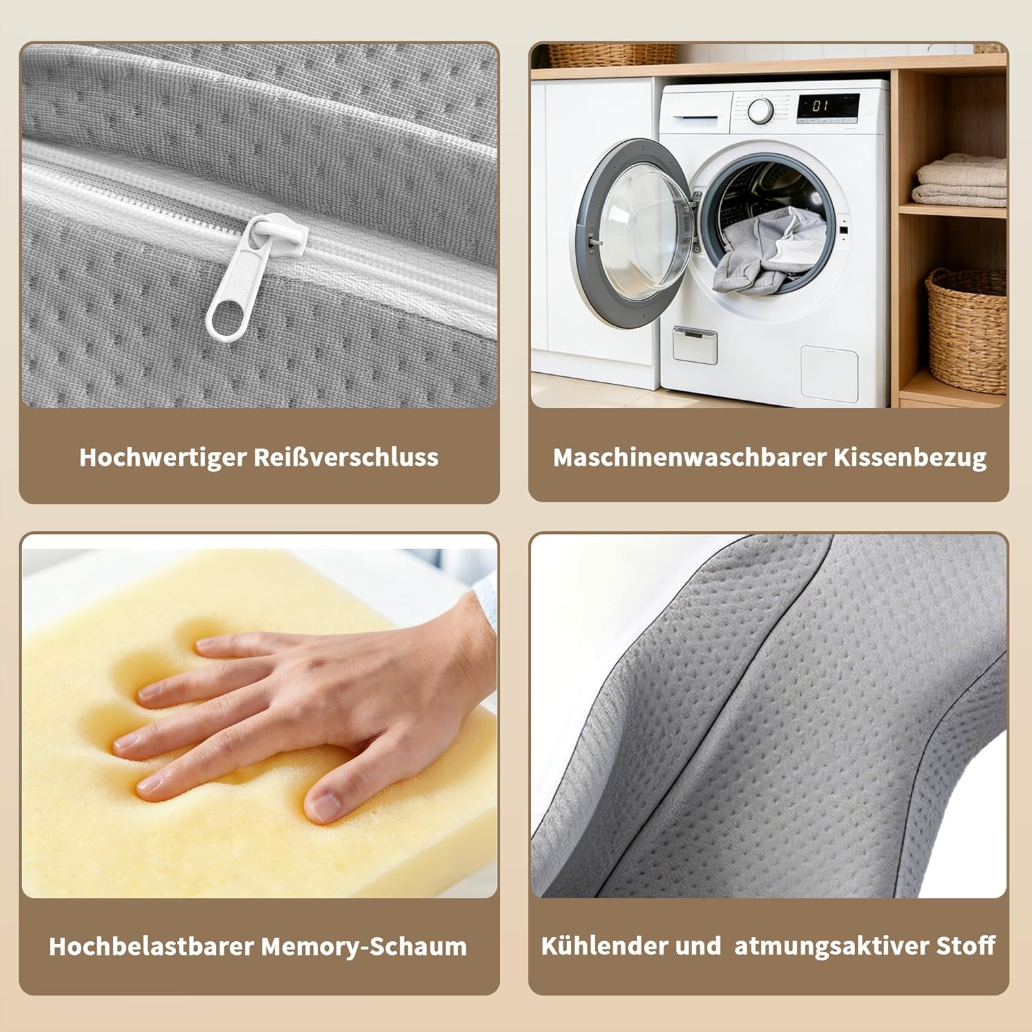 LAMB Orthopädisches Memory-Schaum-Kissen, ergonomisches Seitenschläferkissen, zwei in einem Nackenstützkissen und Nackenrolle, Kissen gegen Nackenschmerzen, Schlafkissen für Seiten, grau – Bild 7