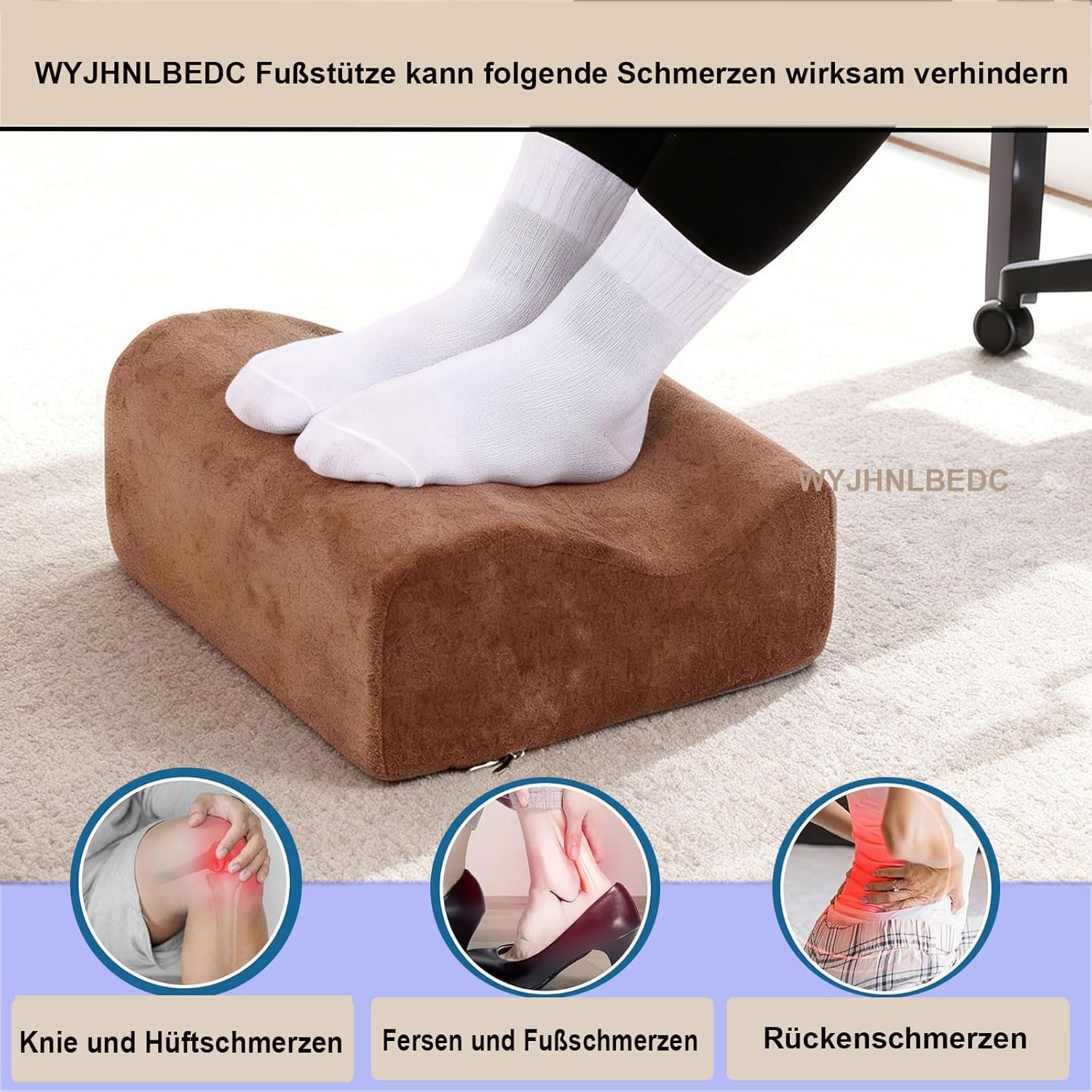 Fußstütze für den Schreibtisch, ergonomische Fußstützen für das Büro mit Premium-Schaumstoffkern und abnehmbarem Deckel, rutschfeste Fußstütze für unter dem Schreibtisch, Rücken- und Hüftschmerzen, braun, mittel – Bild 3