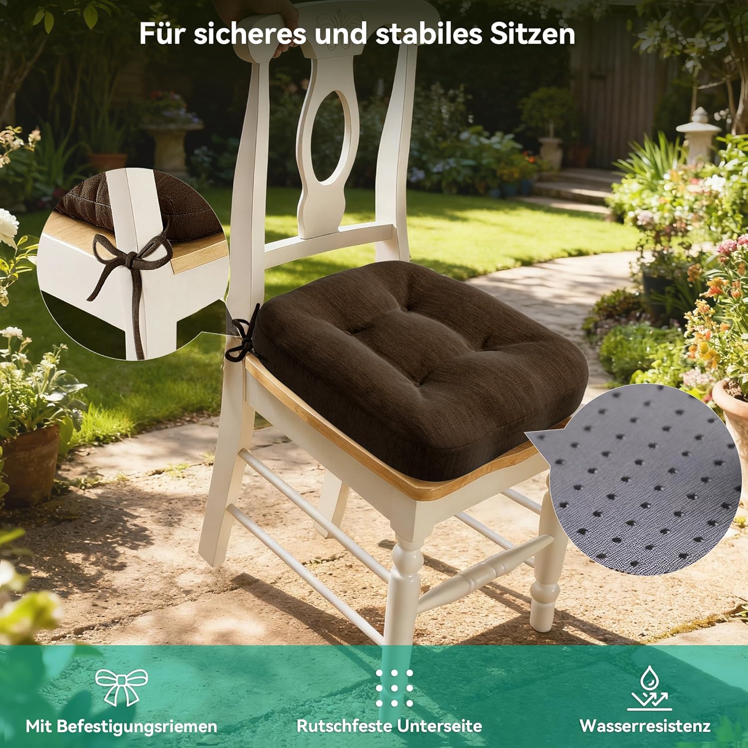 Codi Sitzkissen 40 x 40 x 8 cm, 4er-Set, extra dicke, bequeme Stuhlkissen mit wasserabweisendem Bezug – waschbare, rutschfeste Memory-Schaum-Sitzkissen für Stuhl, Outdoor- und Gartenstuhl, braun – Bild 7