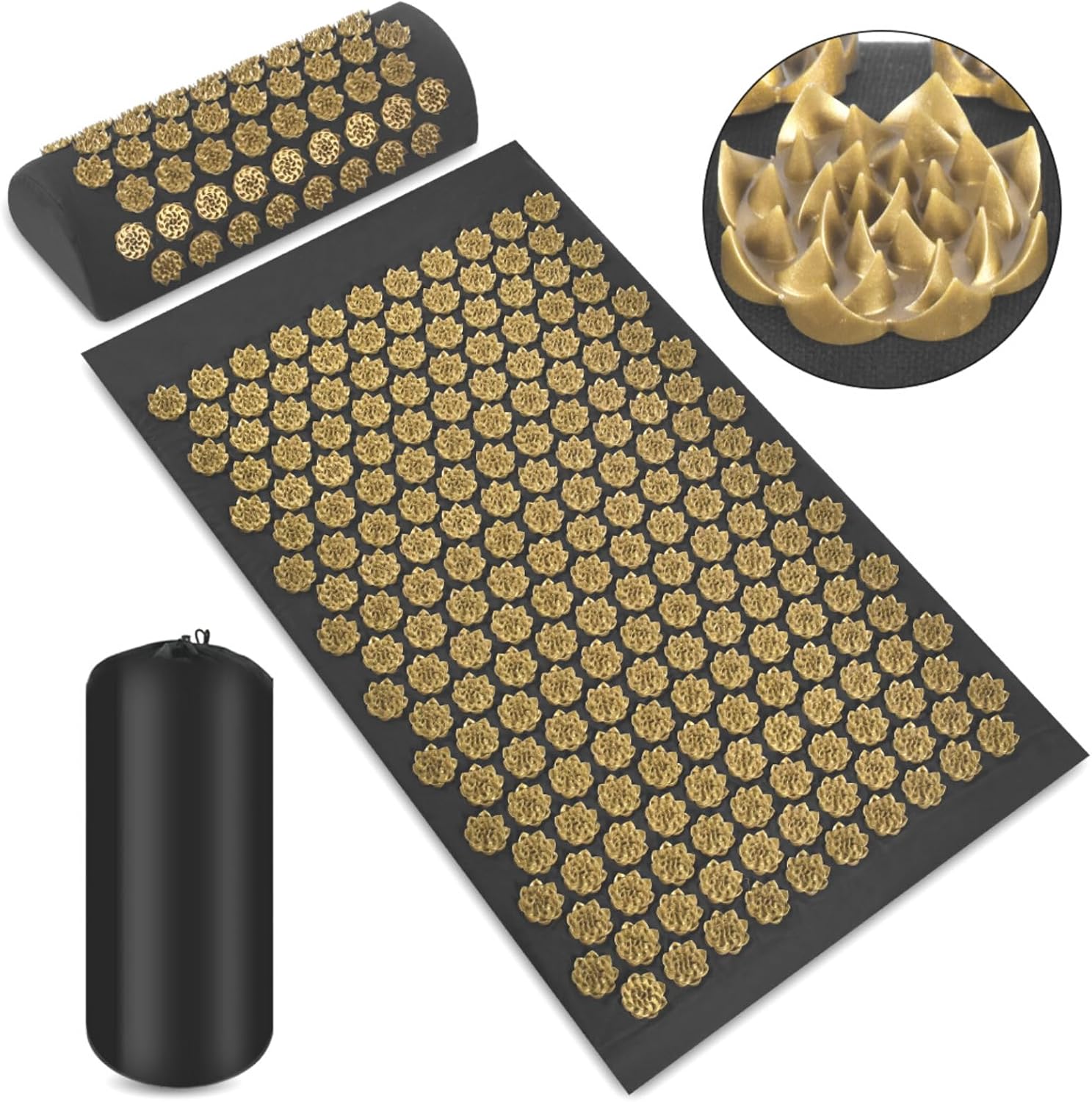 Schwarz-goldenes Akupressur-Gesundheitsset im Lotus-Design – hochwertiges Akupressurmatten- und Kissen-Set für natürliche Entspannung und Schmerzlinderung