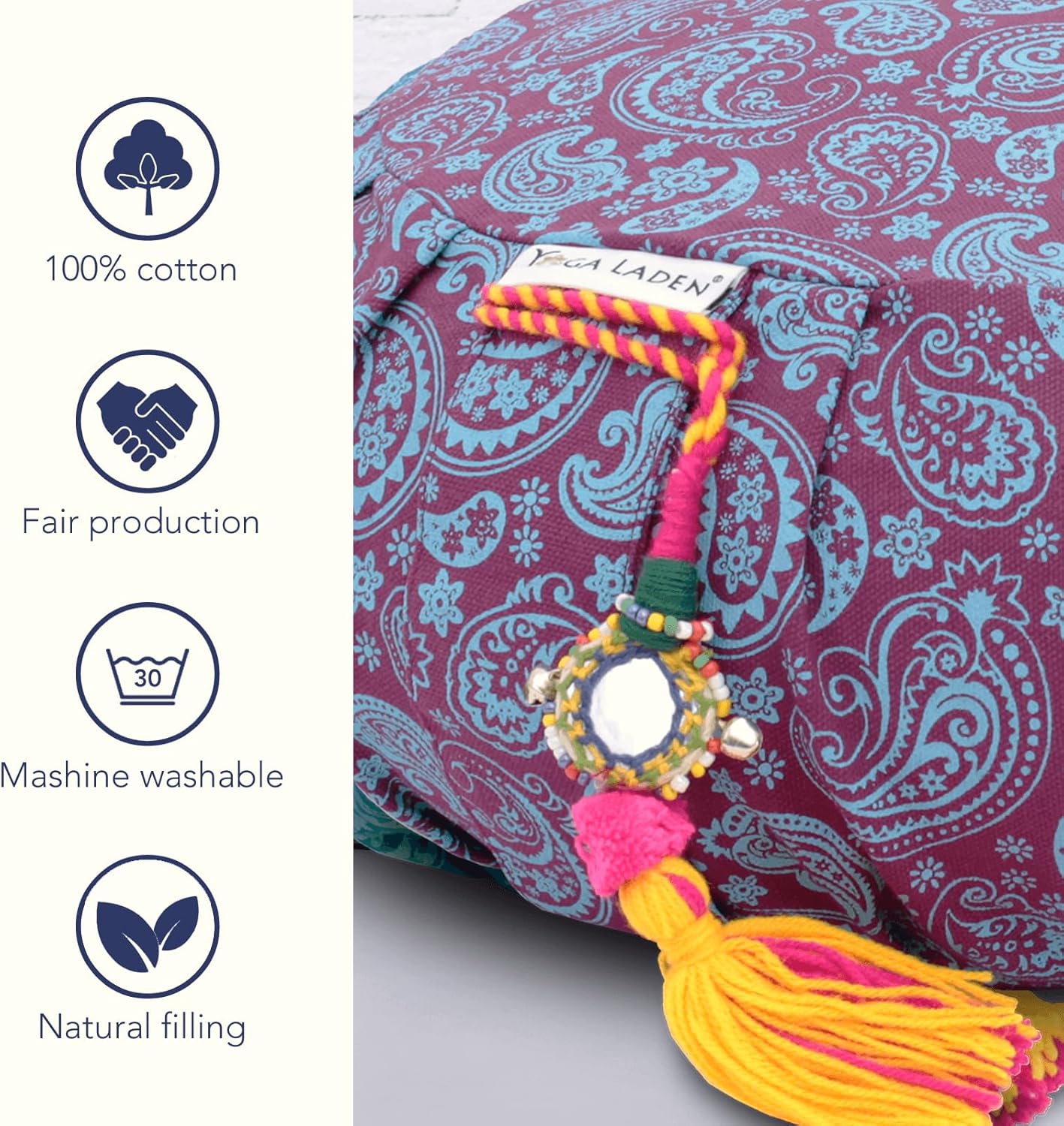 Meditationskissen rund – Paisley Zafu – 15 cm hoch – Buntes Yogakissen mit waschbarem Bezug aus 100 % Baumwolle – Bedrucktes Yoga-Sitzkissen mit Bio-Buchweizenschalenfüllung – Bild 5